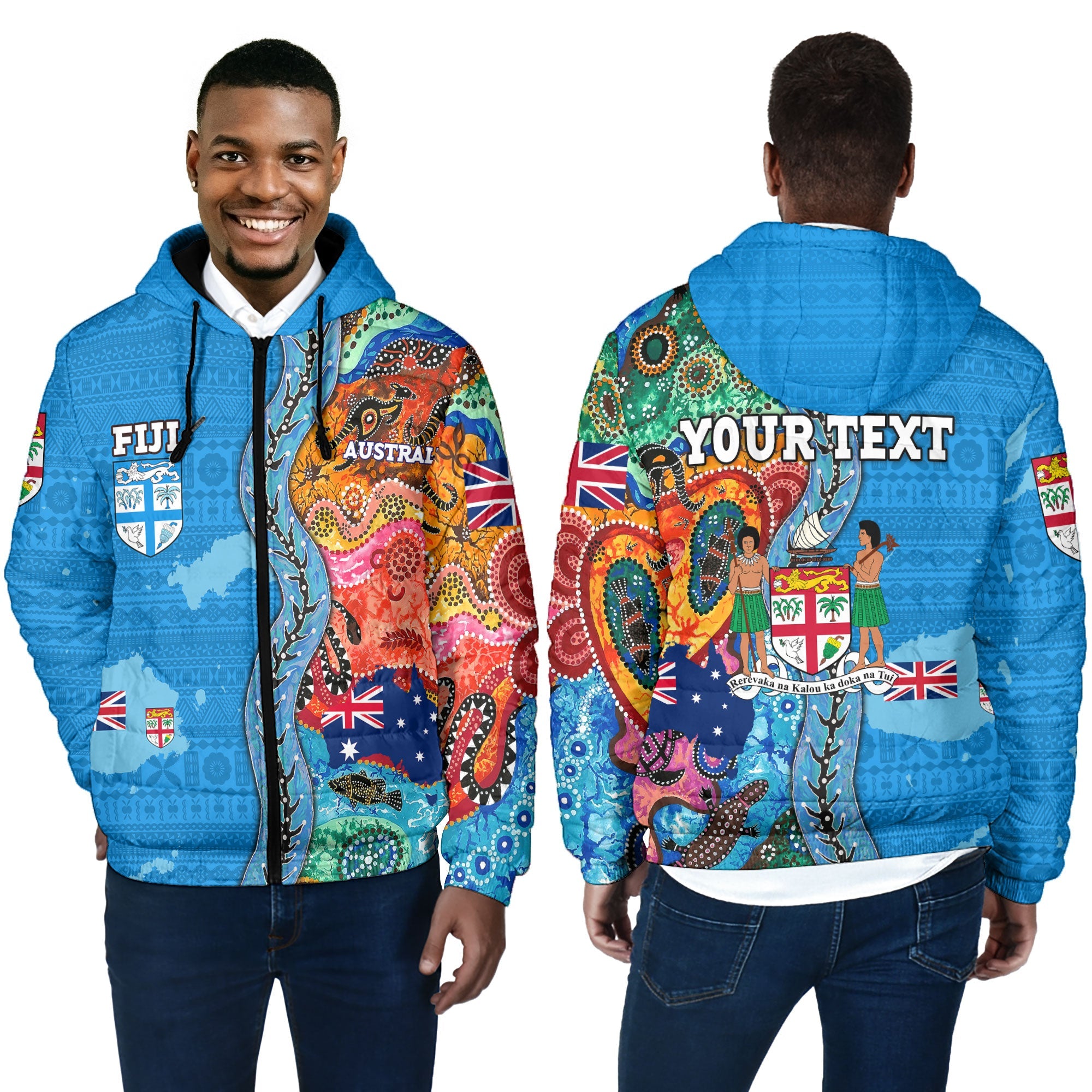 Custom Fiji Tapa & Australia Aboriginal Men Hooded Padded Jacket