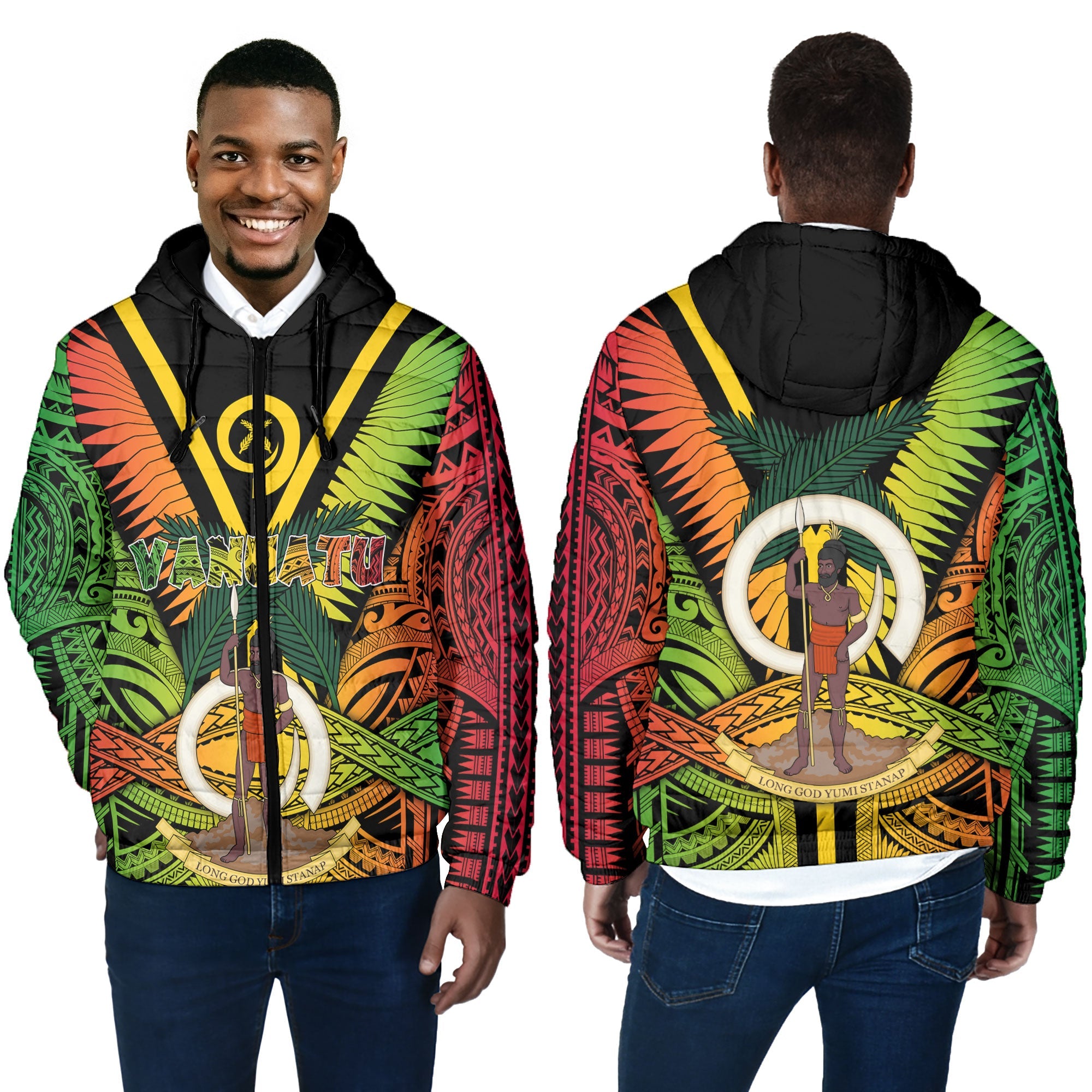 Vanuatu Men Hooded Padded Jacket Coat Of Arms Reggae Style