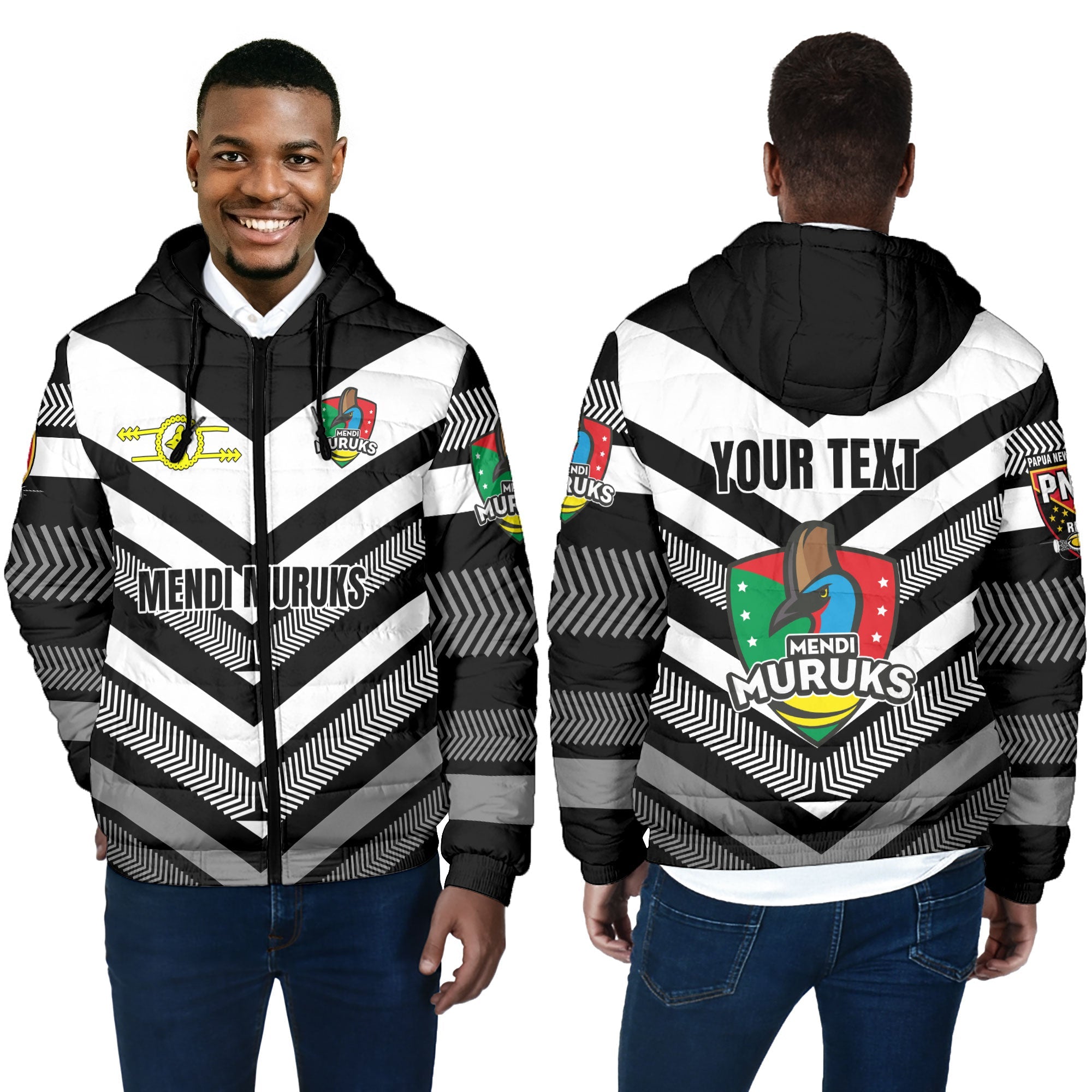 Custom Mendi Muruks Men Hooded Padded Jacket Papua New Guinea Rugby Black & White Style