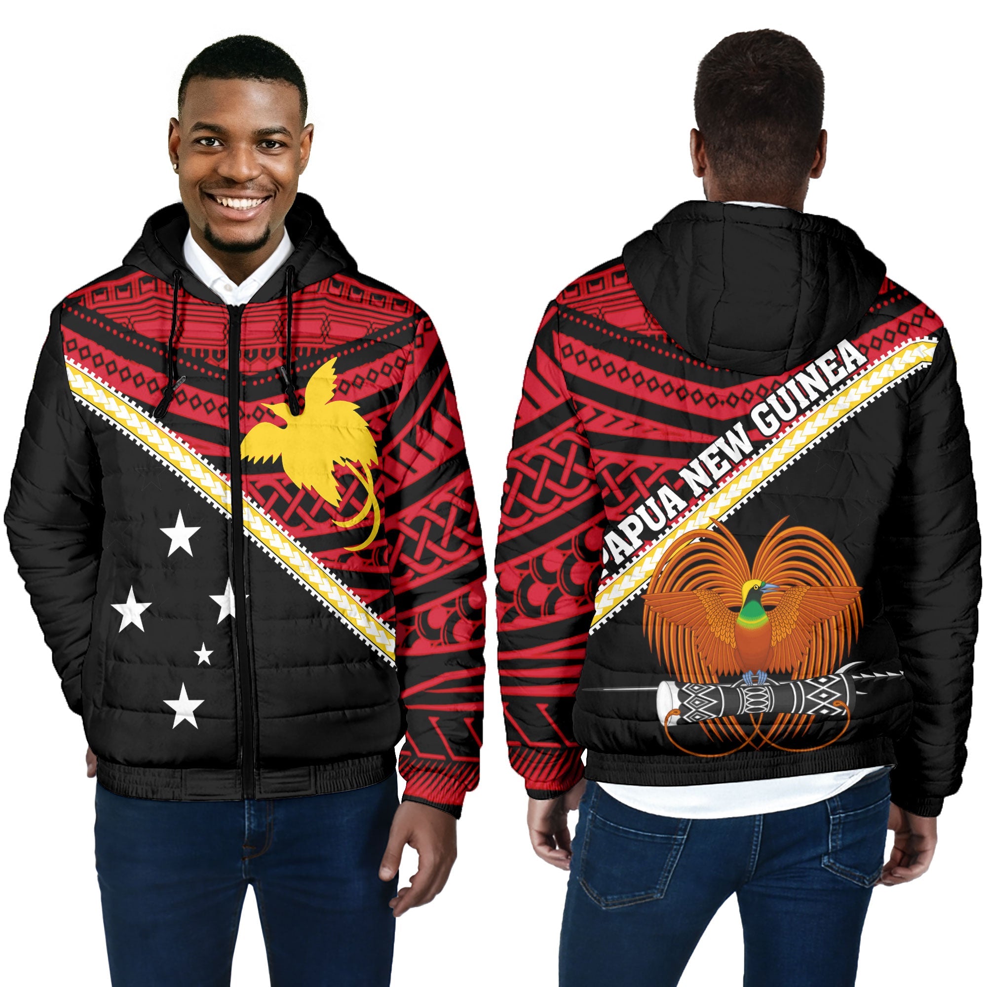 Papua New Guinea Men Hooded Padded Jacket Polynesian Flag Style