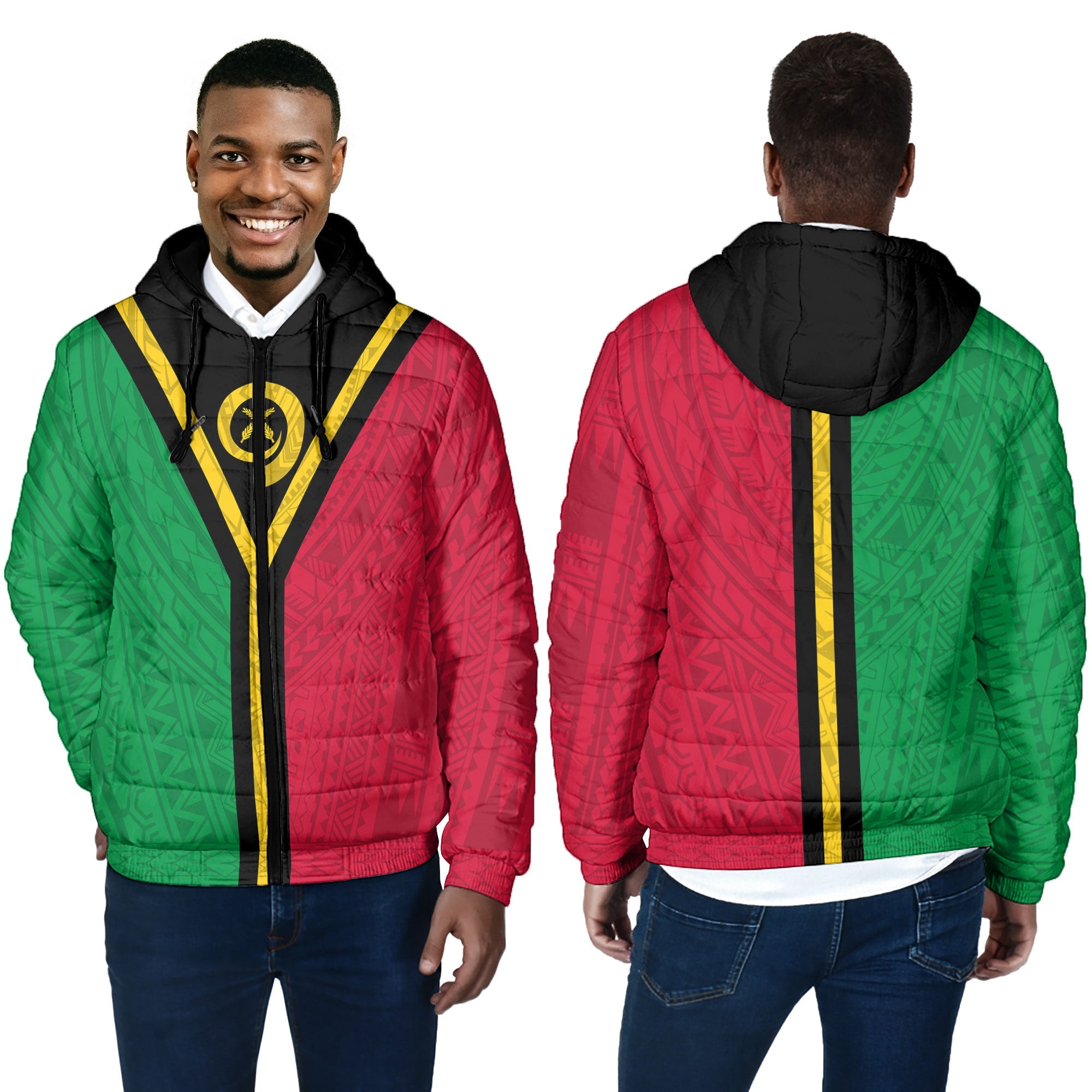 Vanuatu Men Hooded Padded Jacket Polynesian Flag Style