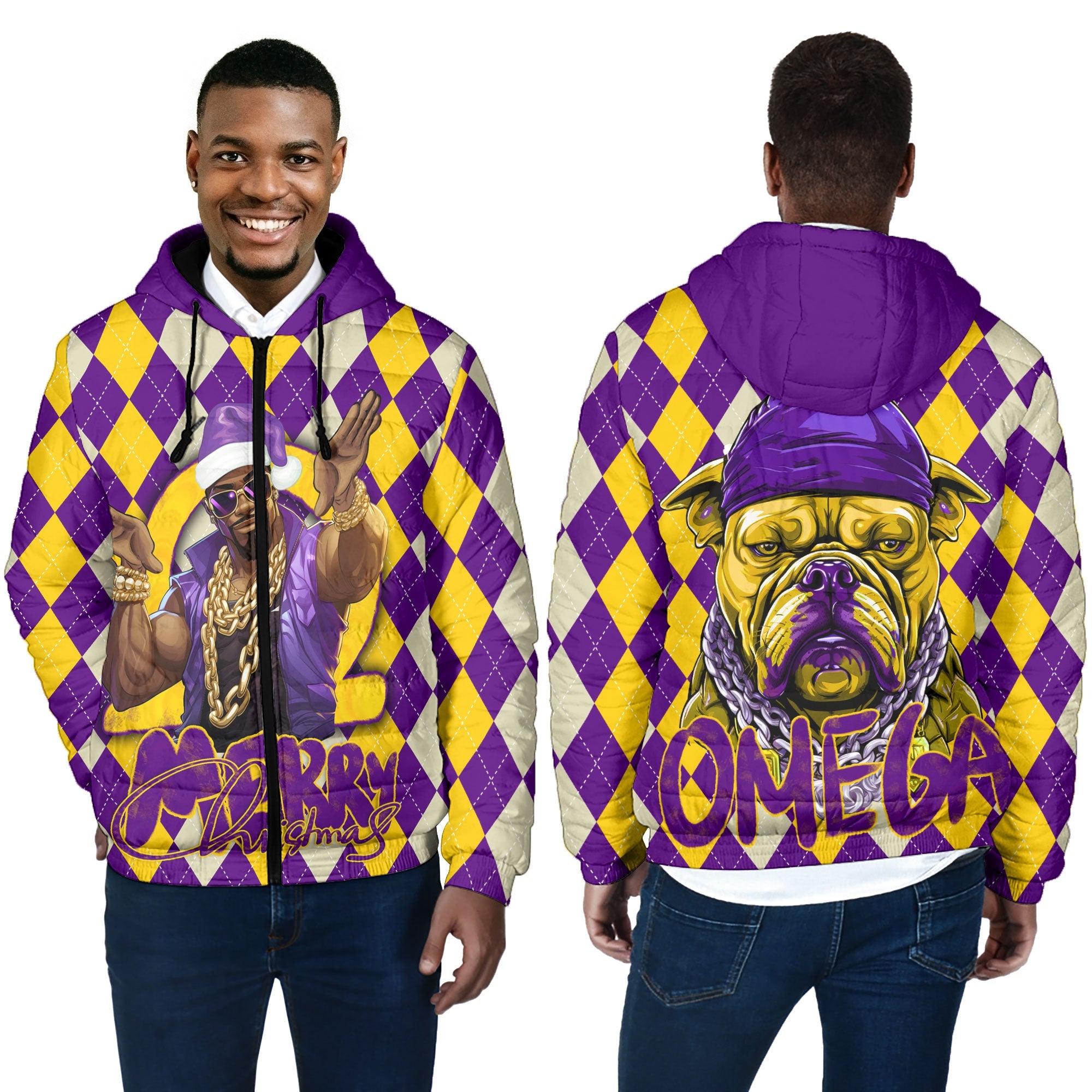 Fraternity Jacket - OPP Christmas Men Hooded Padded Jacket Bulldog Purple Gold Caro Pattern Style