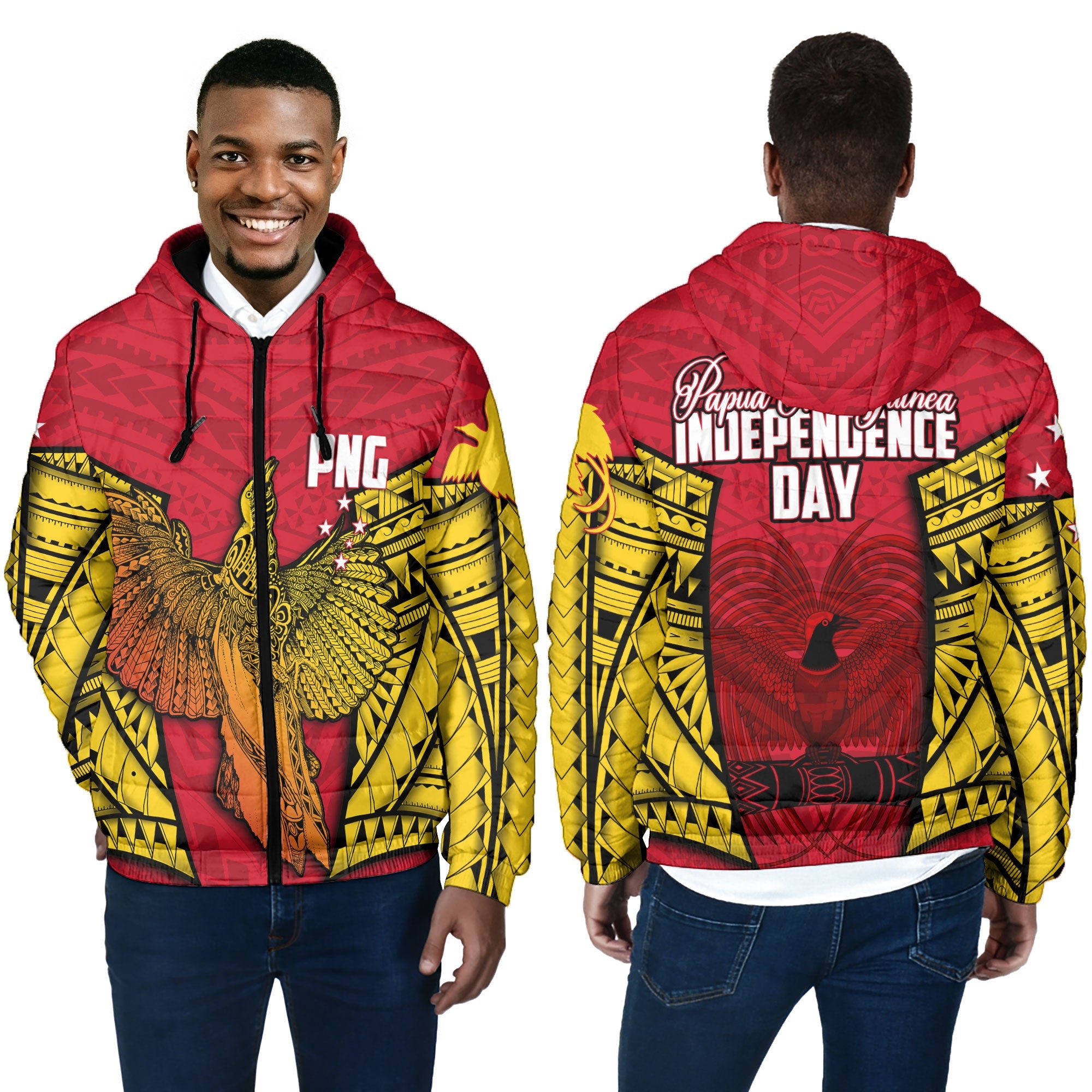 Papua New Guinea Independence Day Men Hooded Padded Jacket Raggiana Bird of Paradise Style