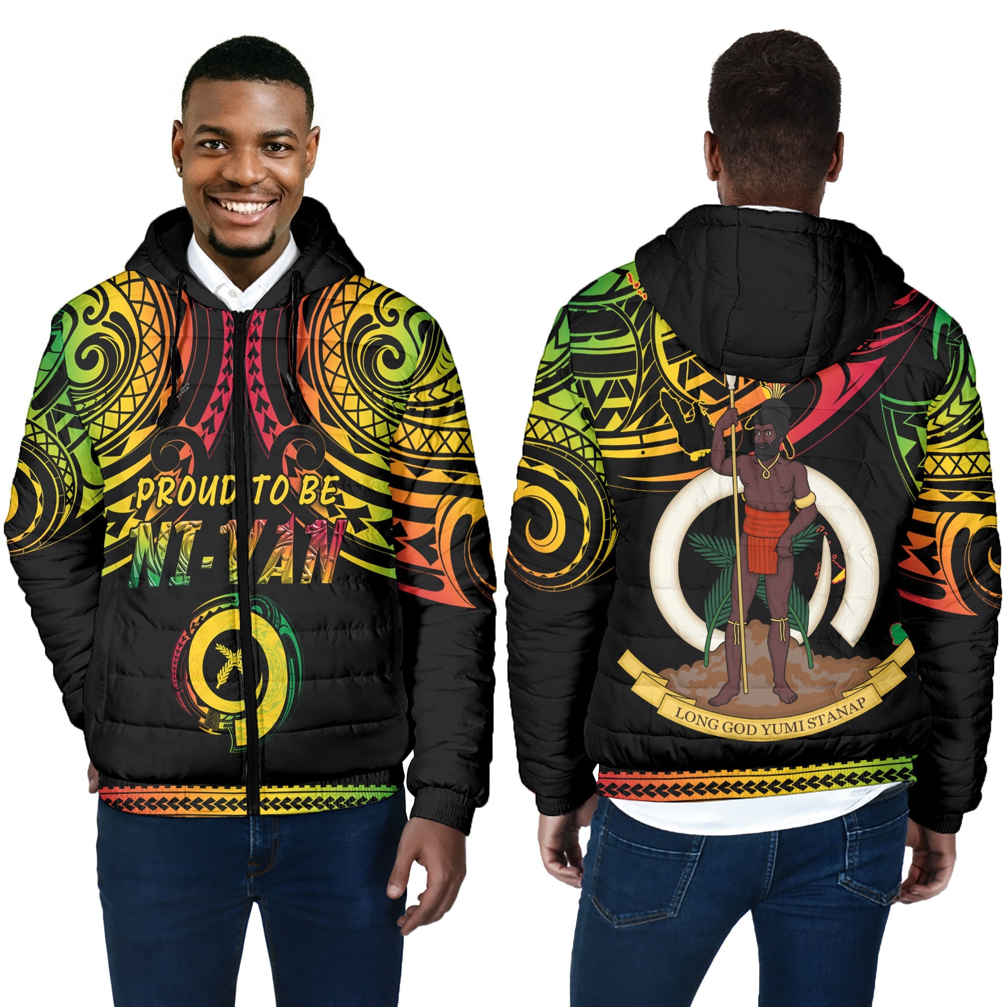 Vanuatu Proud To Be Ni-Van Men Hooded Padded Jacket Coat Of Arms Reggae Style