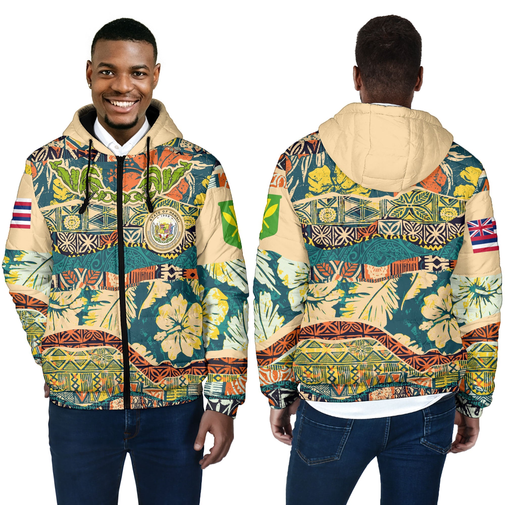 Hawaii Flag Men Hooded Padded Jacket Coat Of Arm Style