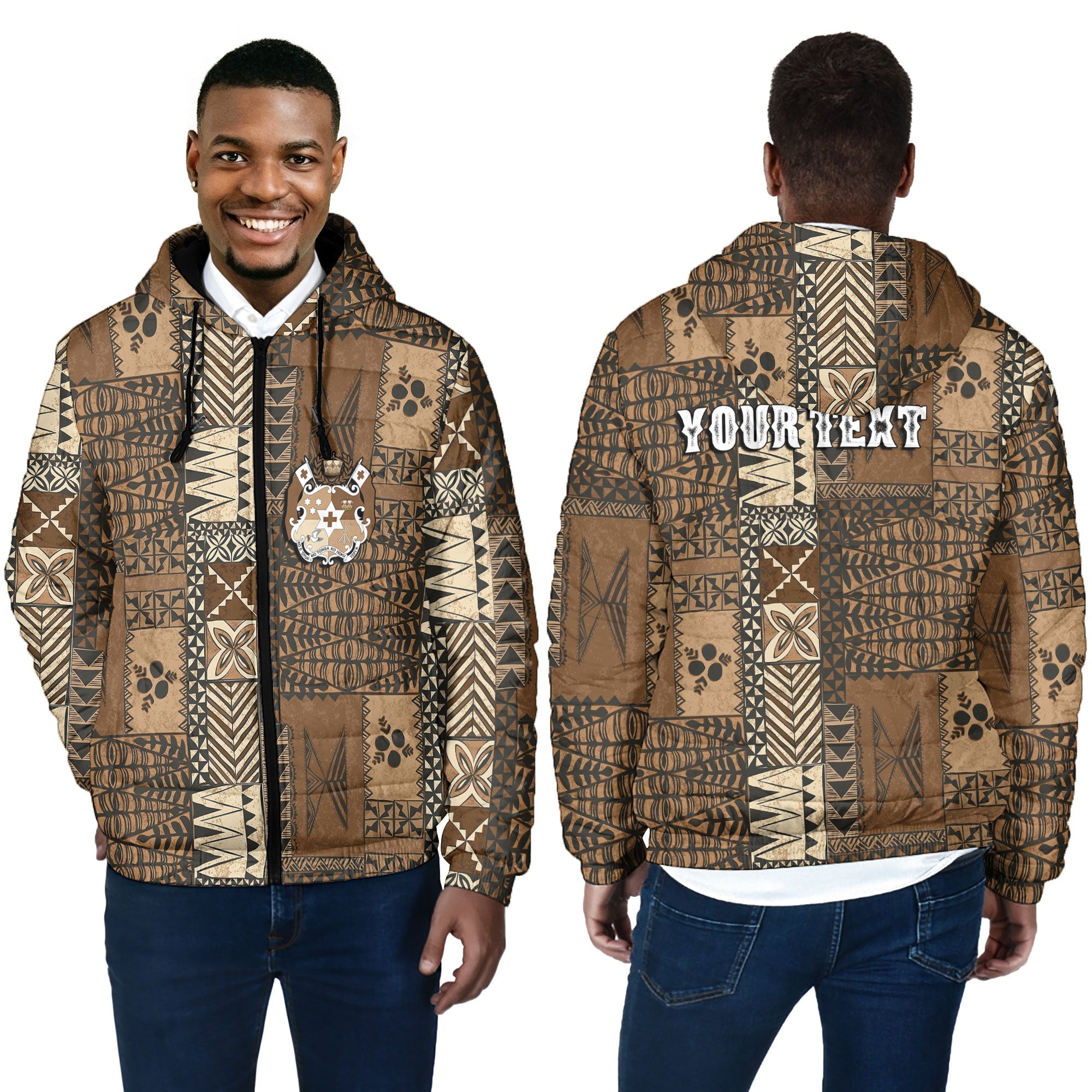 Custom Tonga Men Hooded Padded Jacket Ngatu Tapa Style