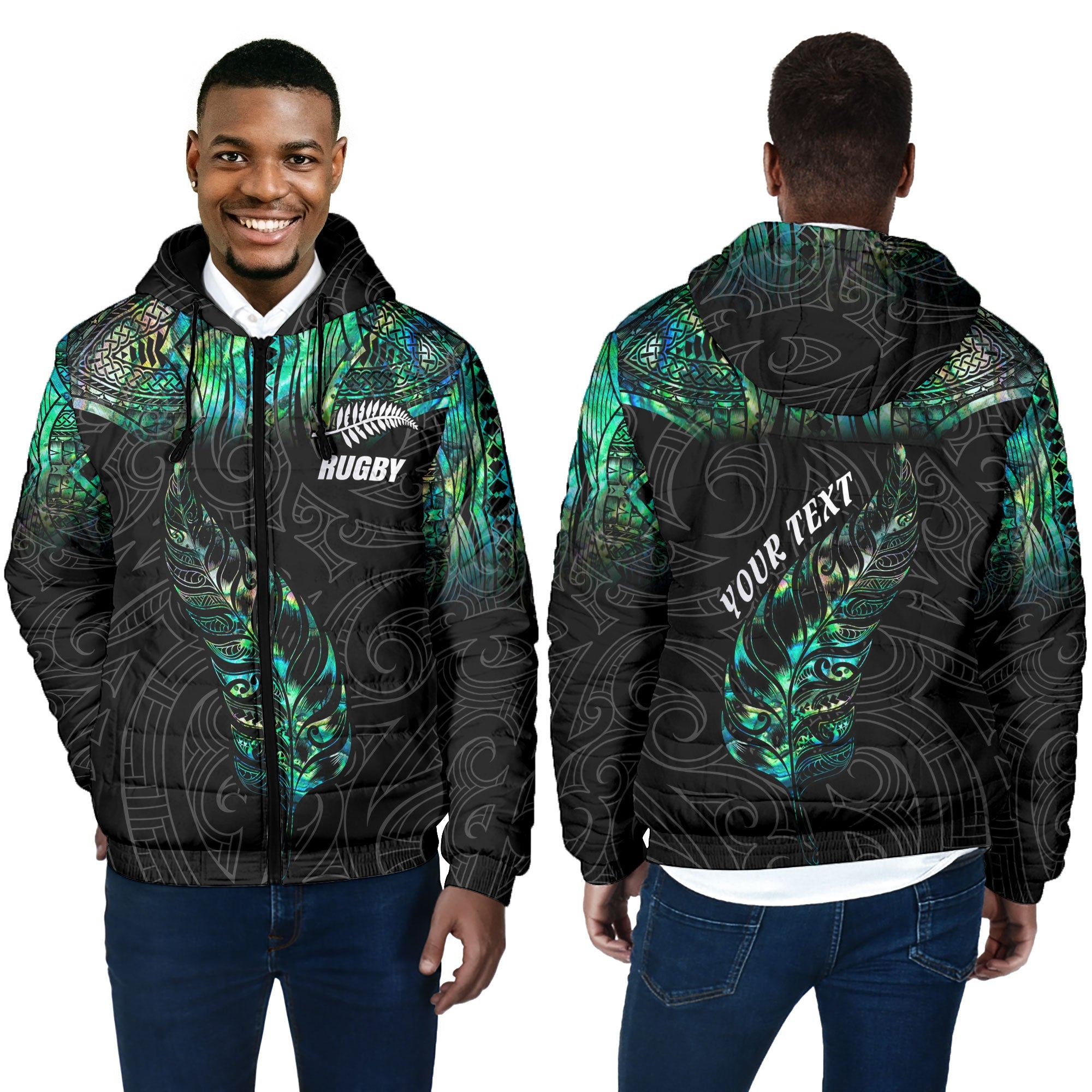 Custom New Zealand Rugby Men Hooded Padded Jacket Maori mix Paua Shell Rugby Silver Fern Aotearoa - LH1