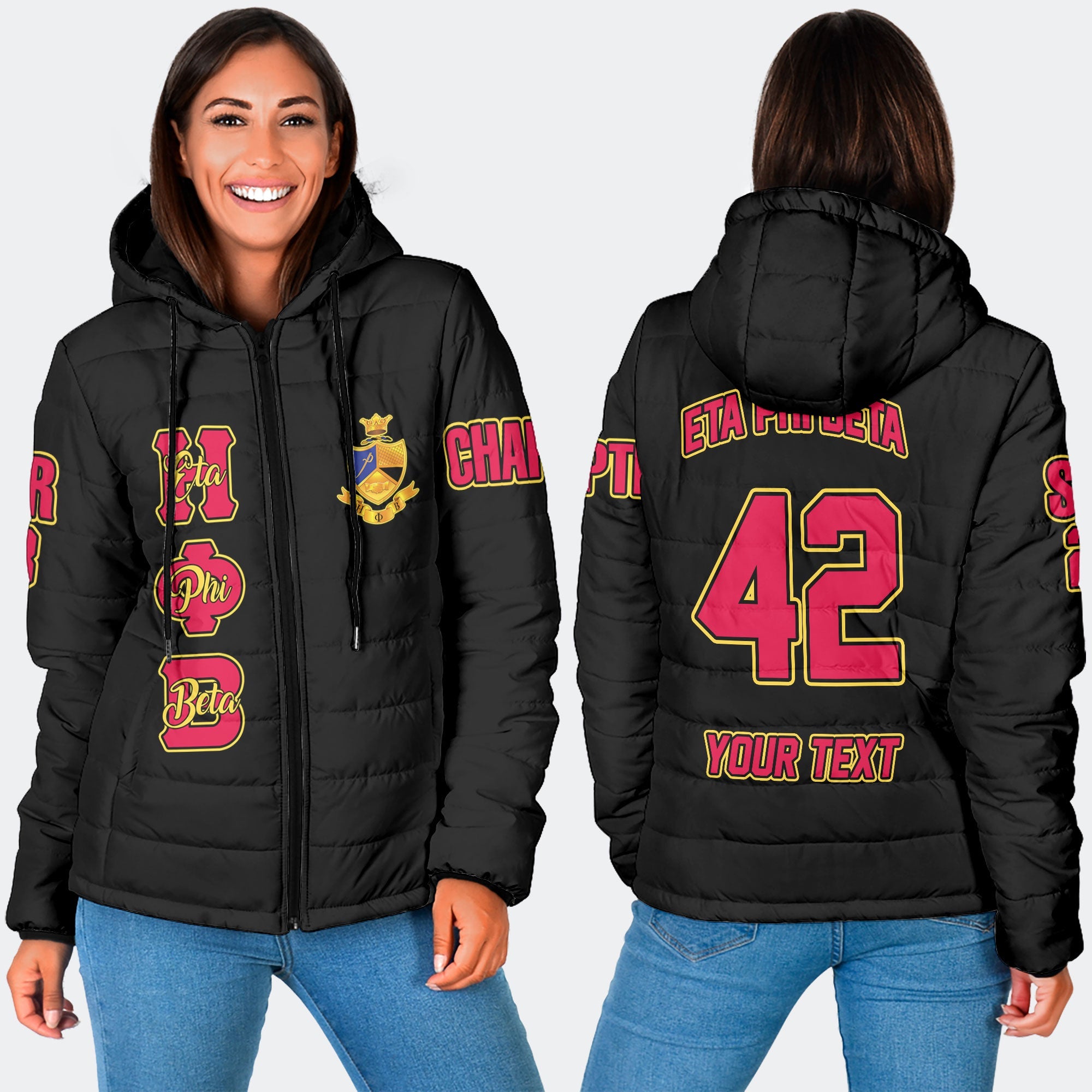 Sorority Jacket - Personalized Eta Phi Beta Women Hooded Padded Jacket Original Black Style