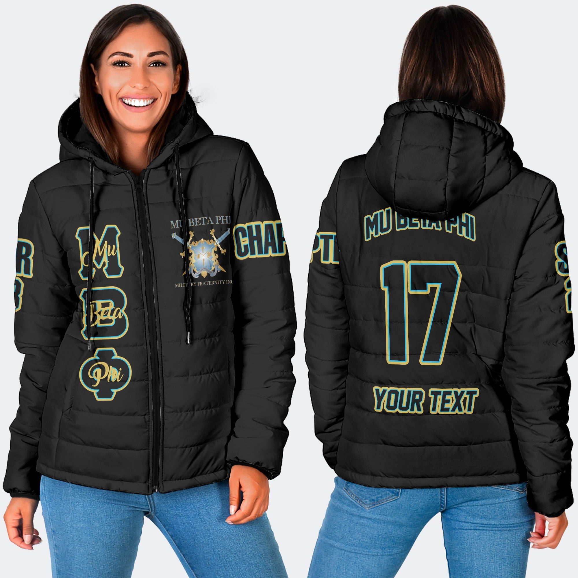 Fraternity Jacket - Personalized Mu Beta Phi Women Hooded Padded Jacket Original Black Style