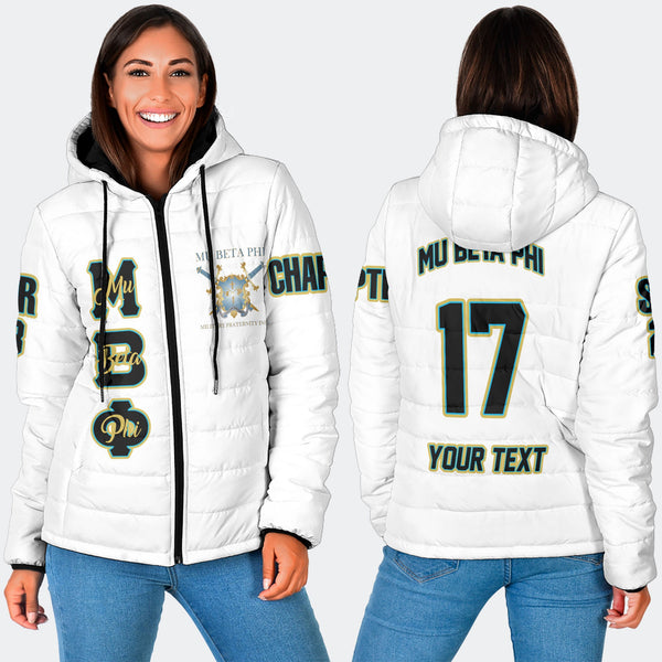 Fraternity Jacket - Personalized Mu Beta Phi Women Hooded Padded Jacket Original White Style