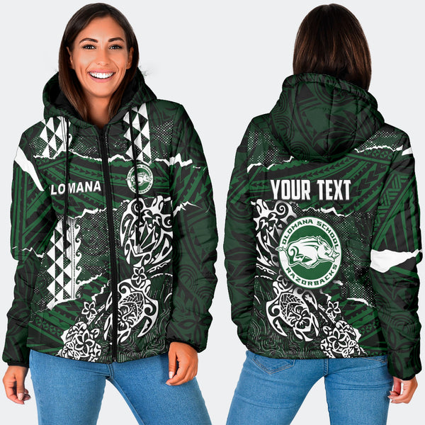 Hawaii Olomana High & Intermediate School Custom Women Hooded Padded Jacket Polynesian Turtle Style