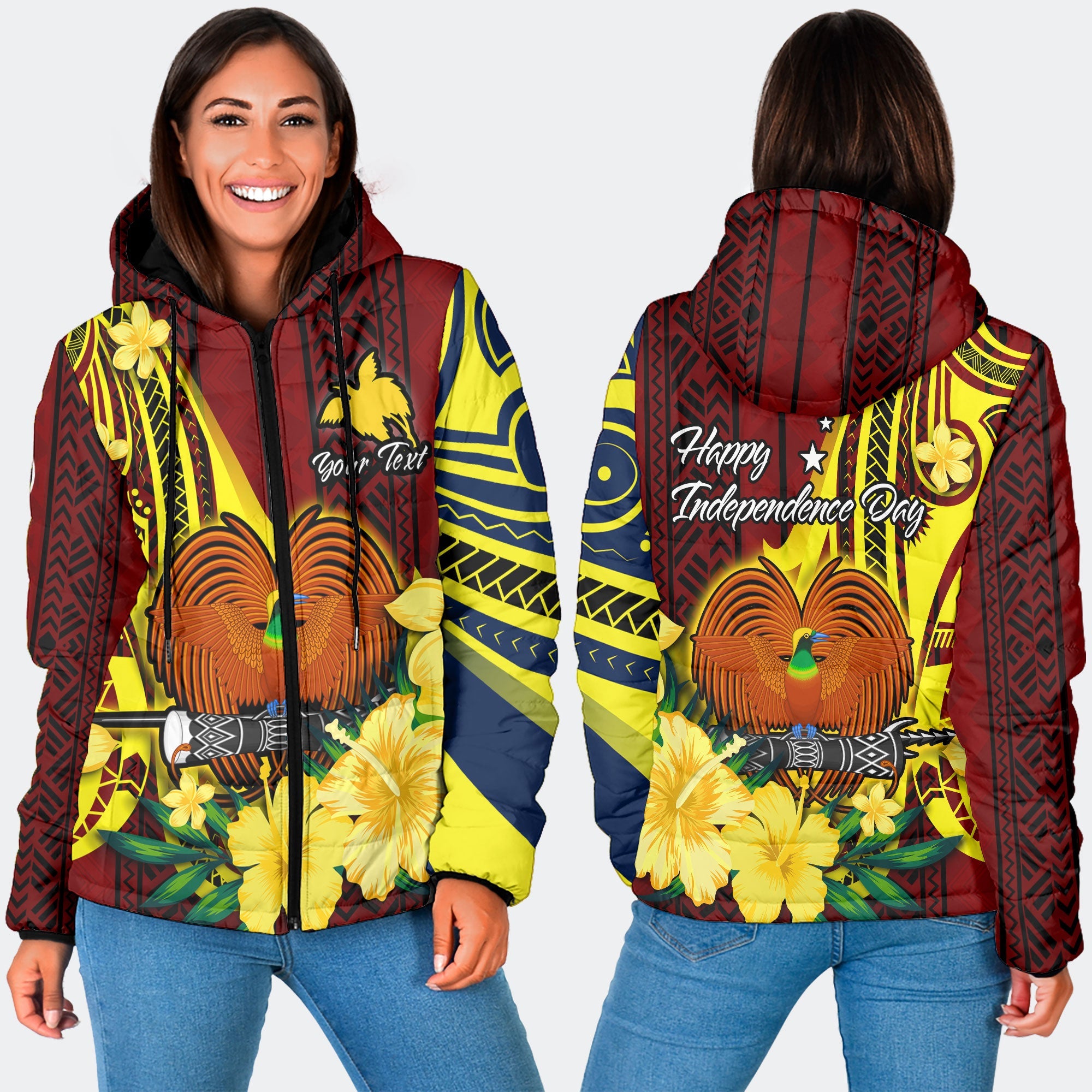 Custom Papua New Guinea Women Hooded Padded Jacket Polynesian PNG Bird Independence Day - LH1