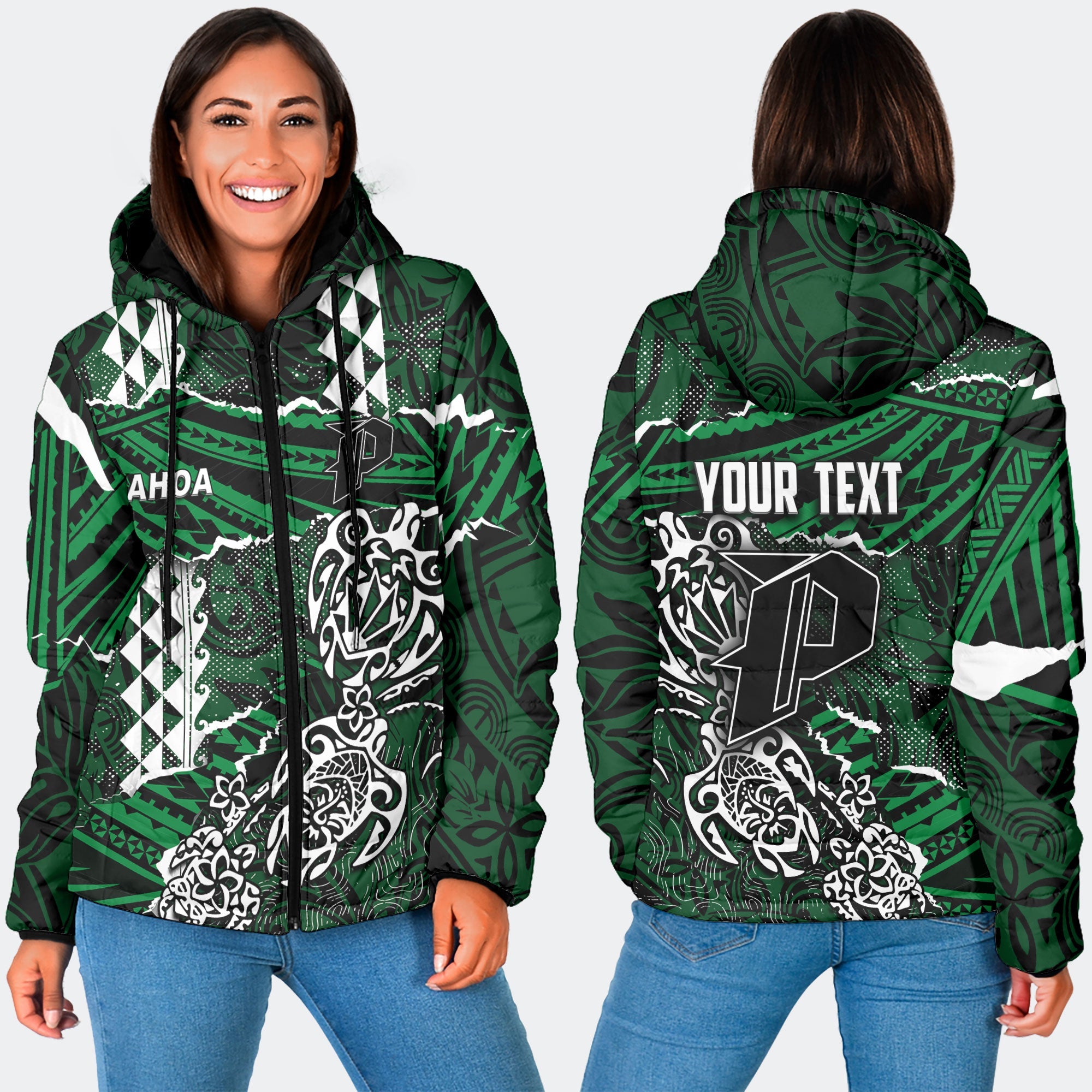 Hawaii Pahoa High & Intermediate School Custom Women Hooded Padded Jacket Polynesian Turtle Style