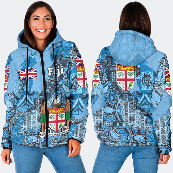 Fiji Flag & Coat Of Arms Women Hooded Padded Jacket