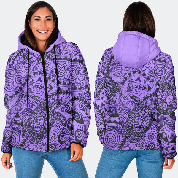 Hawaii Polynesian Turtle Women Hooded Padded Jacket Purple Style