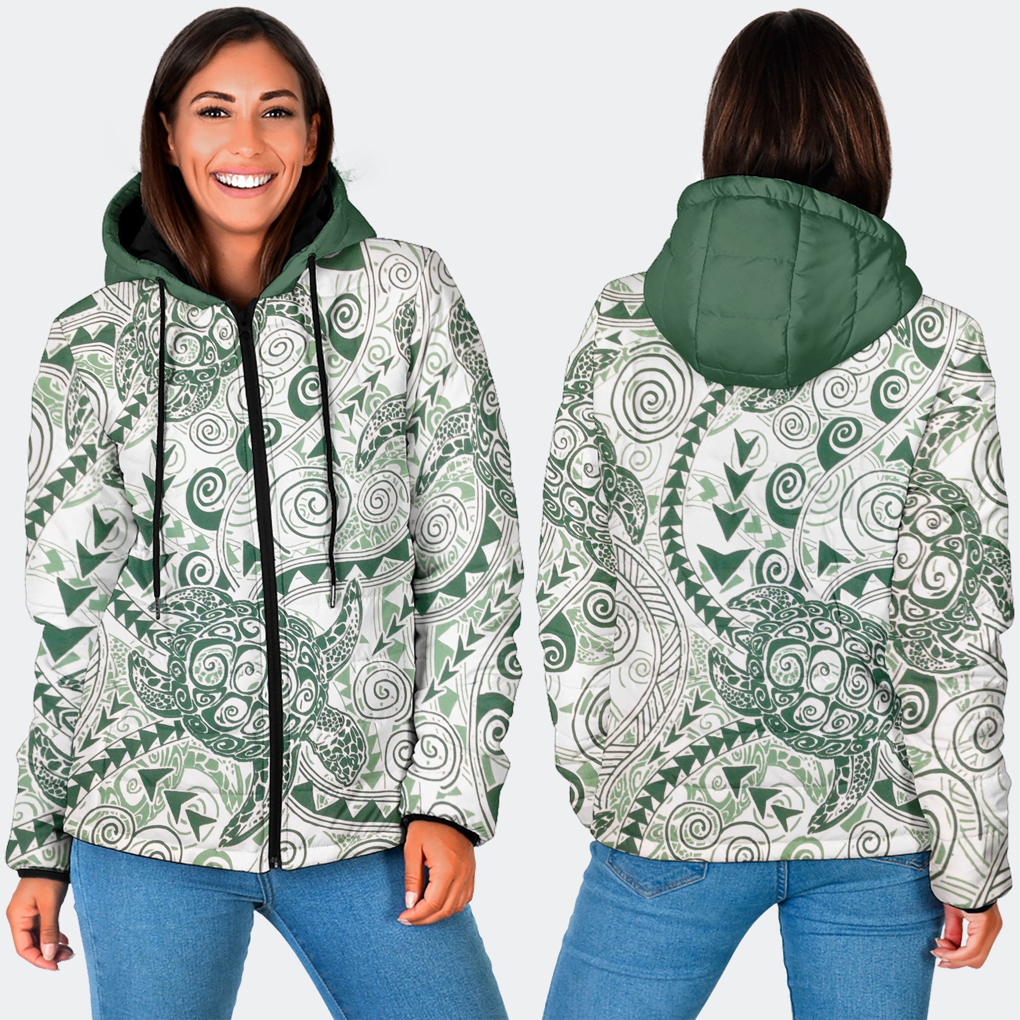 Hawaii Polynesian Turtle Women Hooded Padded Jacket Green Style