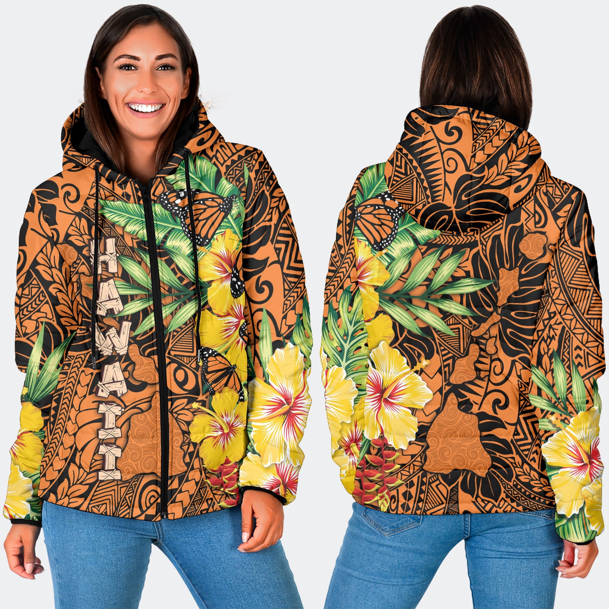 Hawaii Women Hooded Padded Jacket Kamehameha Butterfly Tropical Style