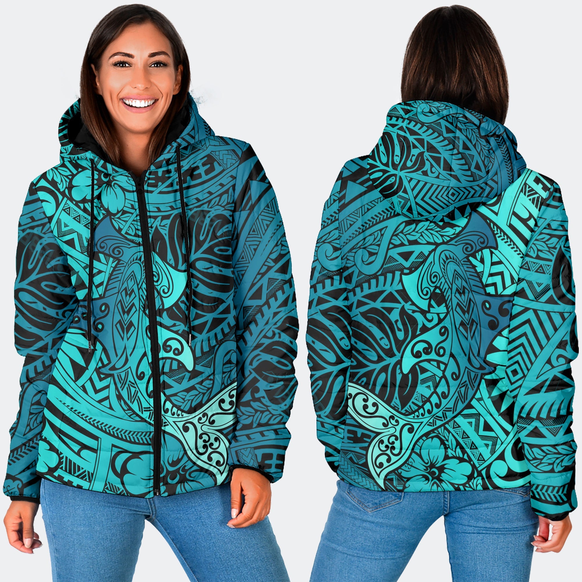 Hawaii Hammerhead Shark Women Hooded Padded Jacket Light See Blue Style