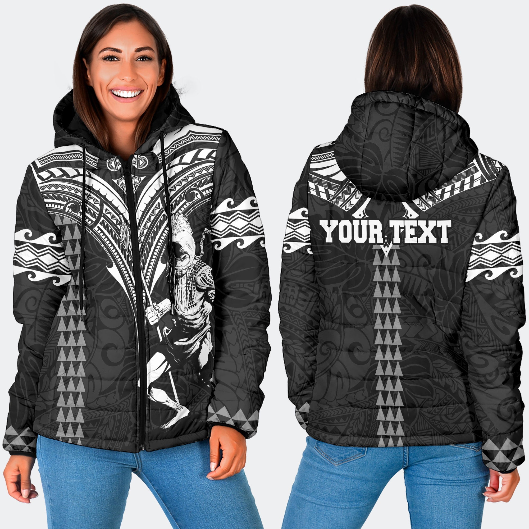 Custom Hawaii Ikaika Warrior Women Hooded Padded Jacket Polynesian Tattoo Style