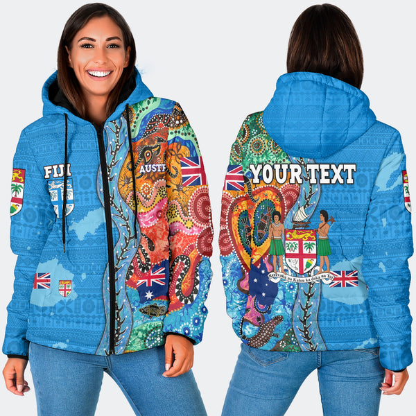 Custom Fiji Tapa & Australia Aboriginal Women Hooded Padded Jacket