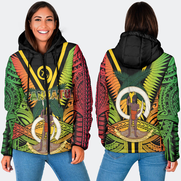 Vanuatu Women Hooded Padded Jacket Coat Of Arms Reggae Style