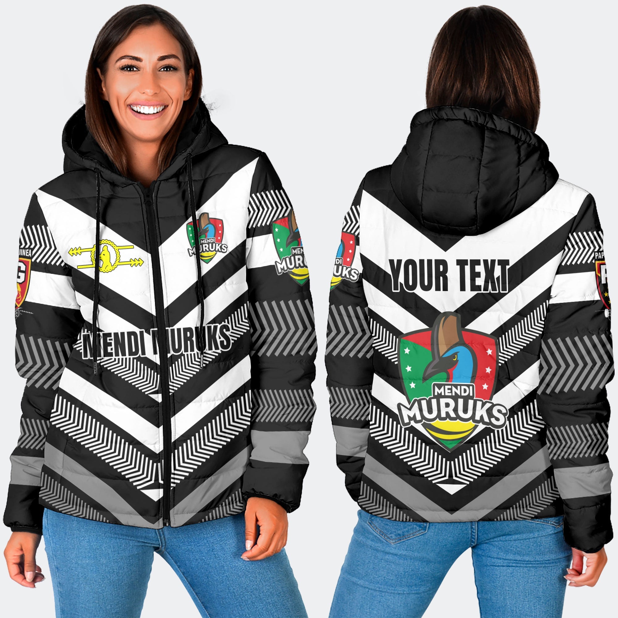 Custom Mendi Muruks Women Hooded Padded Jacket Papua New Guinea Rugby Black & White Style