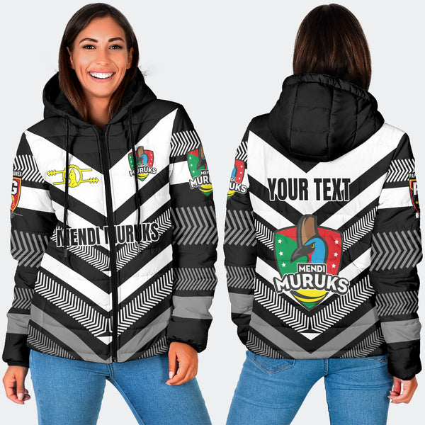 Custom Mendi Muruks Women Hooded Padded Jacket Papua New Guinea Rugby Black & White Style