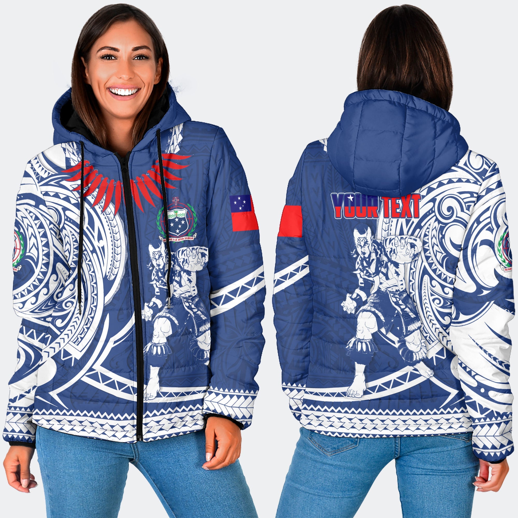 Custom Samoa Women Hooded Padded Jacket Warrior Ula Nifo Style