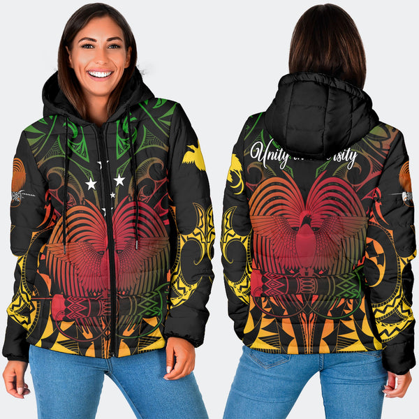 Papua New Guinea Women Hooded Padded Jacket Unity In Diversity Motto