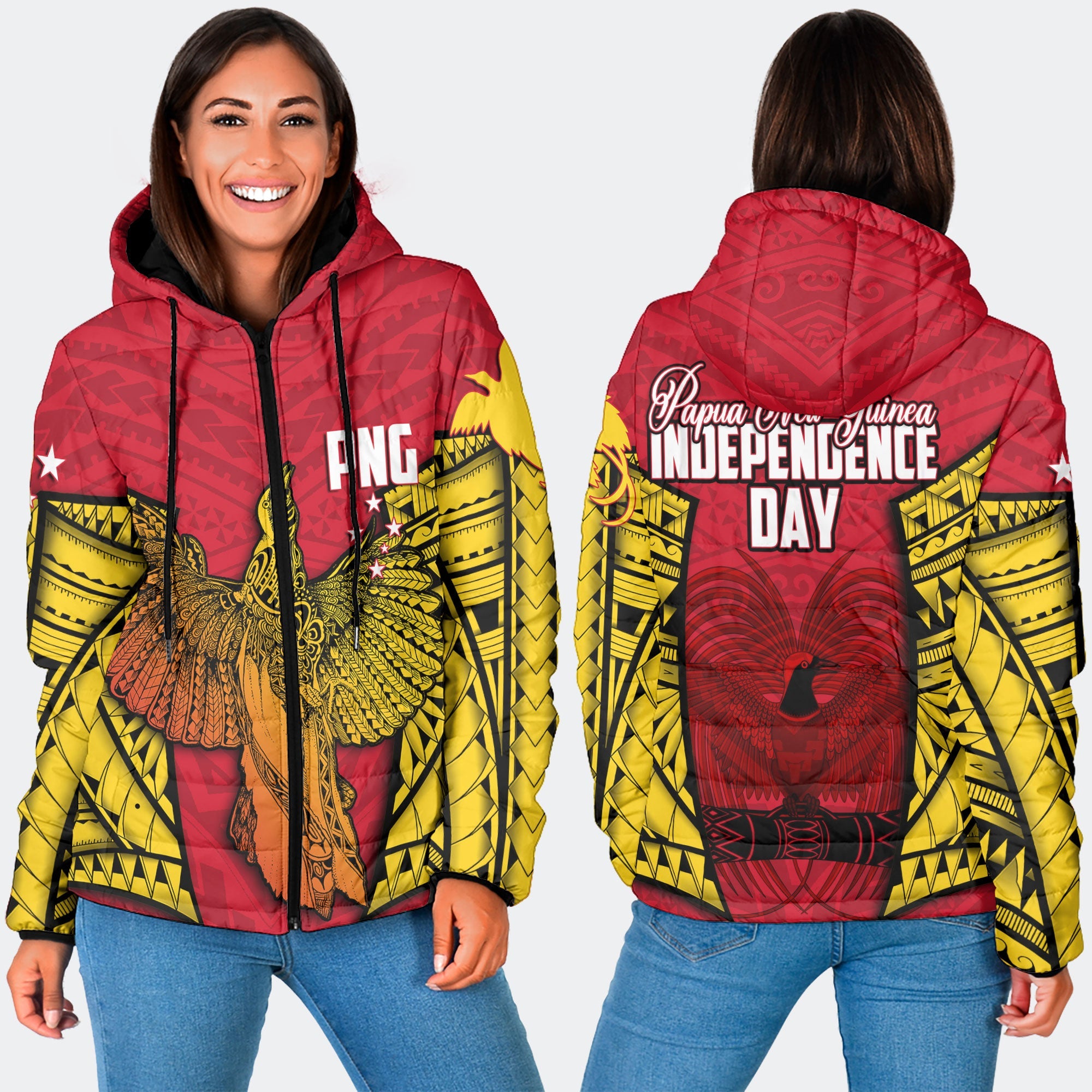 Papua New Guinea Independence Day Women Hooded Padded Jacket Raggiana Bird of Paradise Style