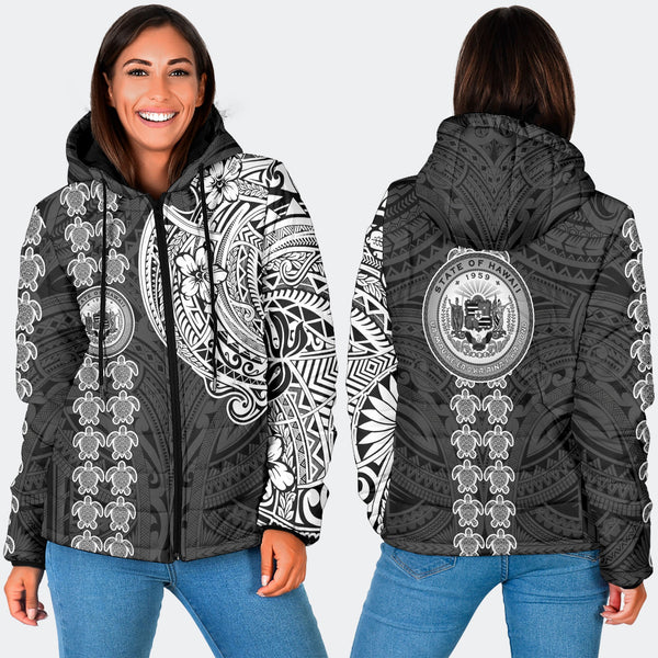 Hawaii Seal Polynesian Turtle Line Women Hooded Padded Jacket