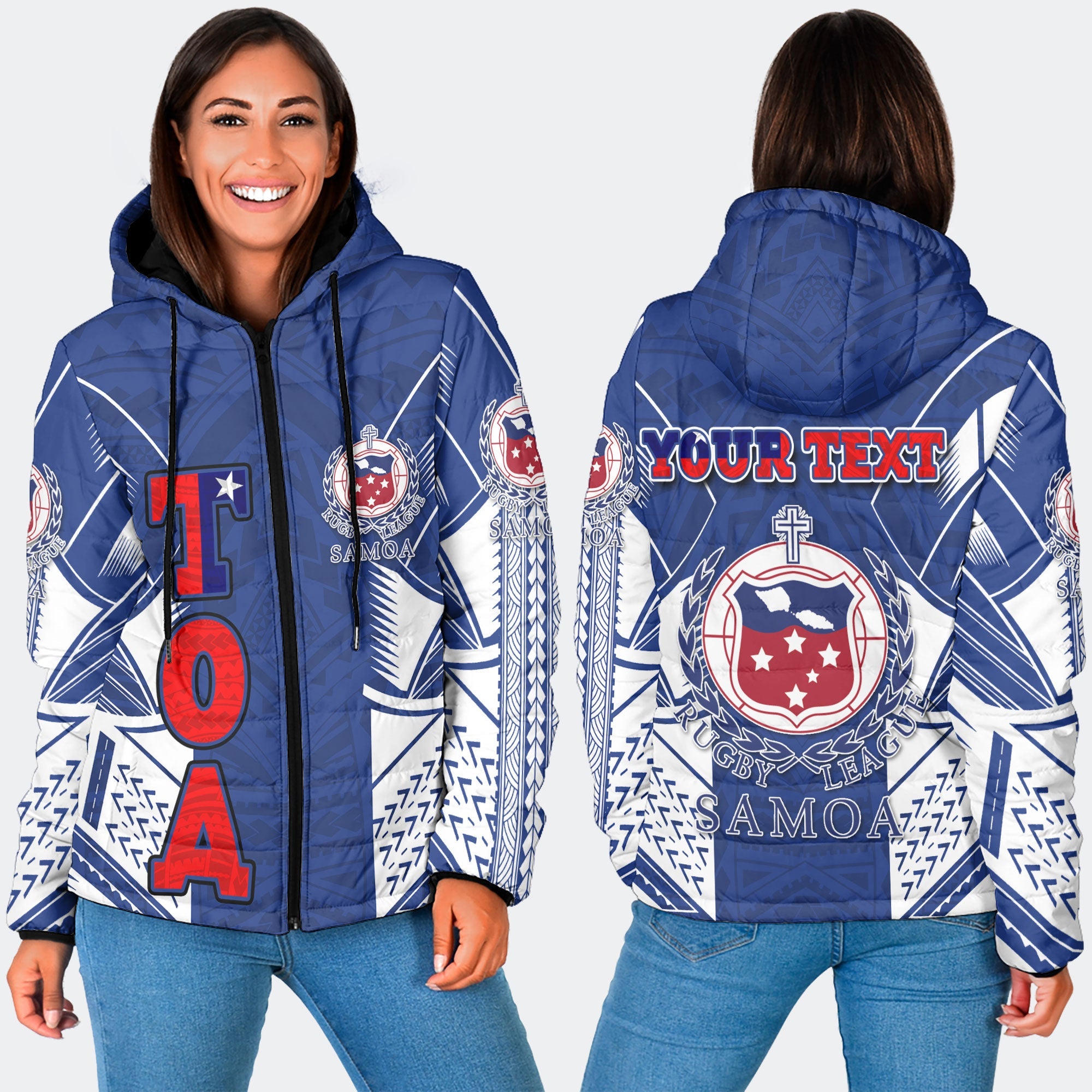 Custom TOA Samoa Rugby Women Hooded Padded Jacket