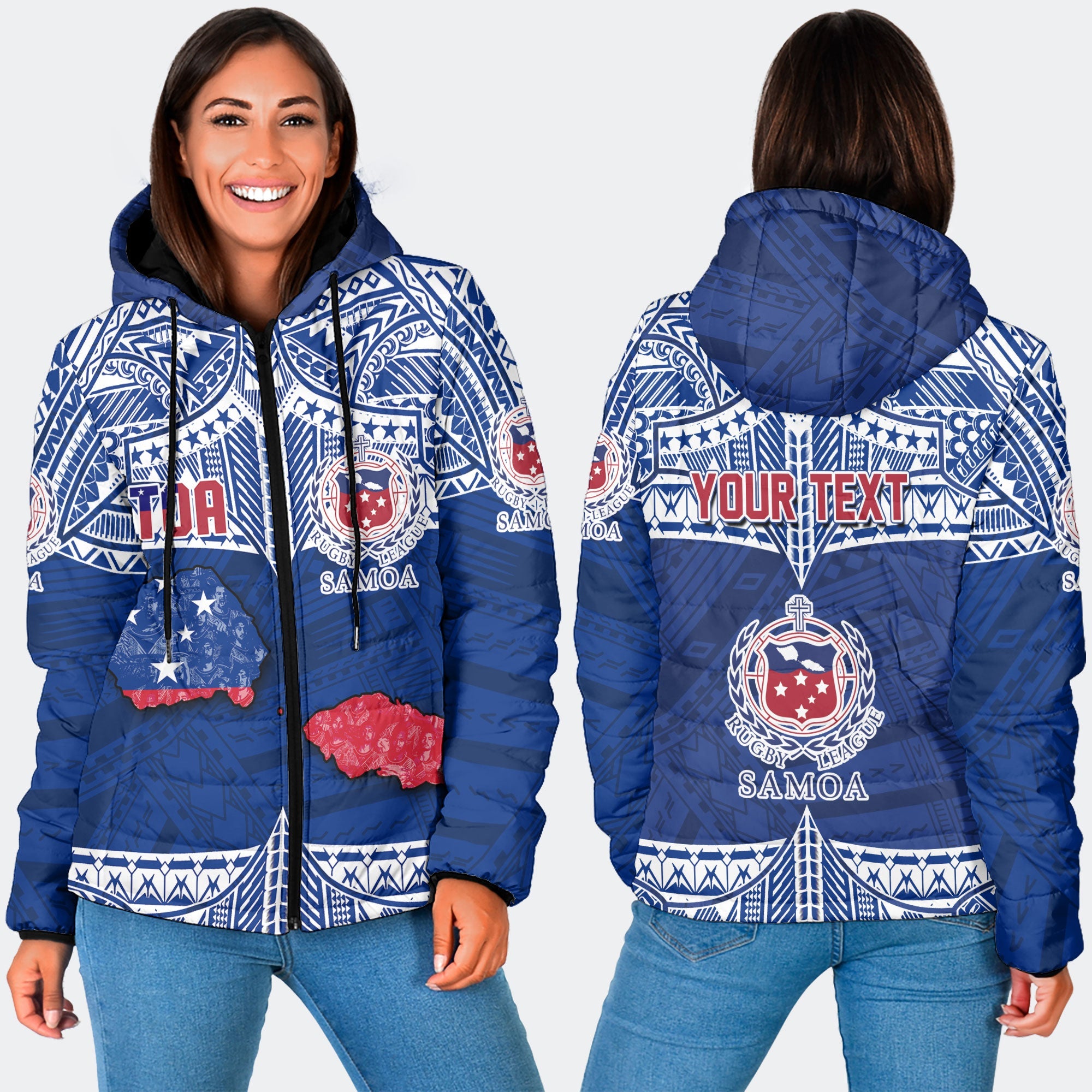 Custom Samoa TOA Rugby Women Hooded Padded Jacket Map Style