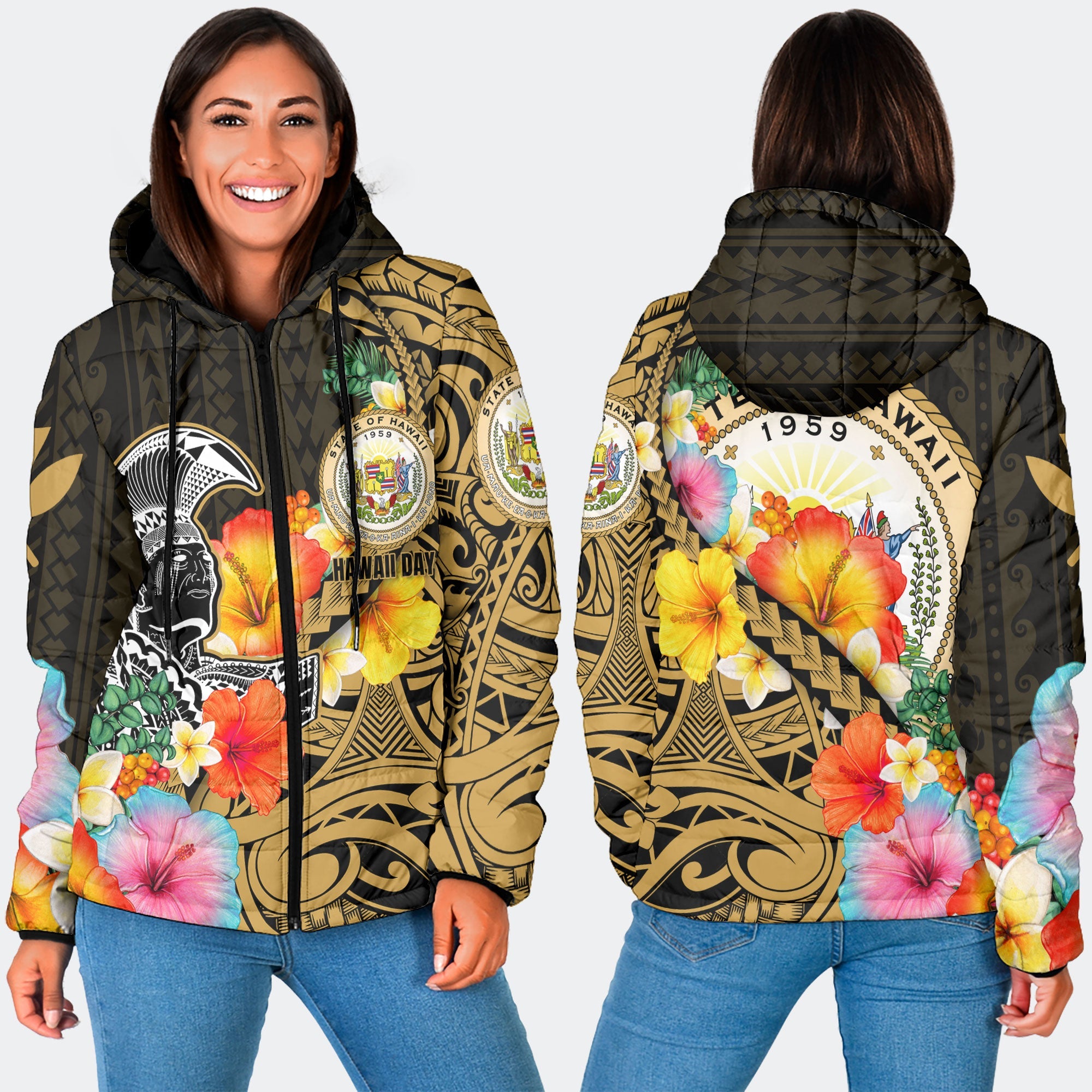 Hawaii Day King Kamehameha Women Hooded Padded Jacket