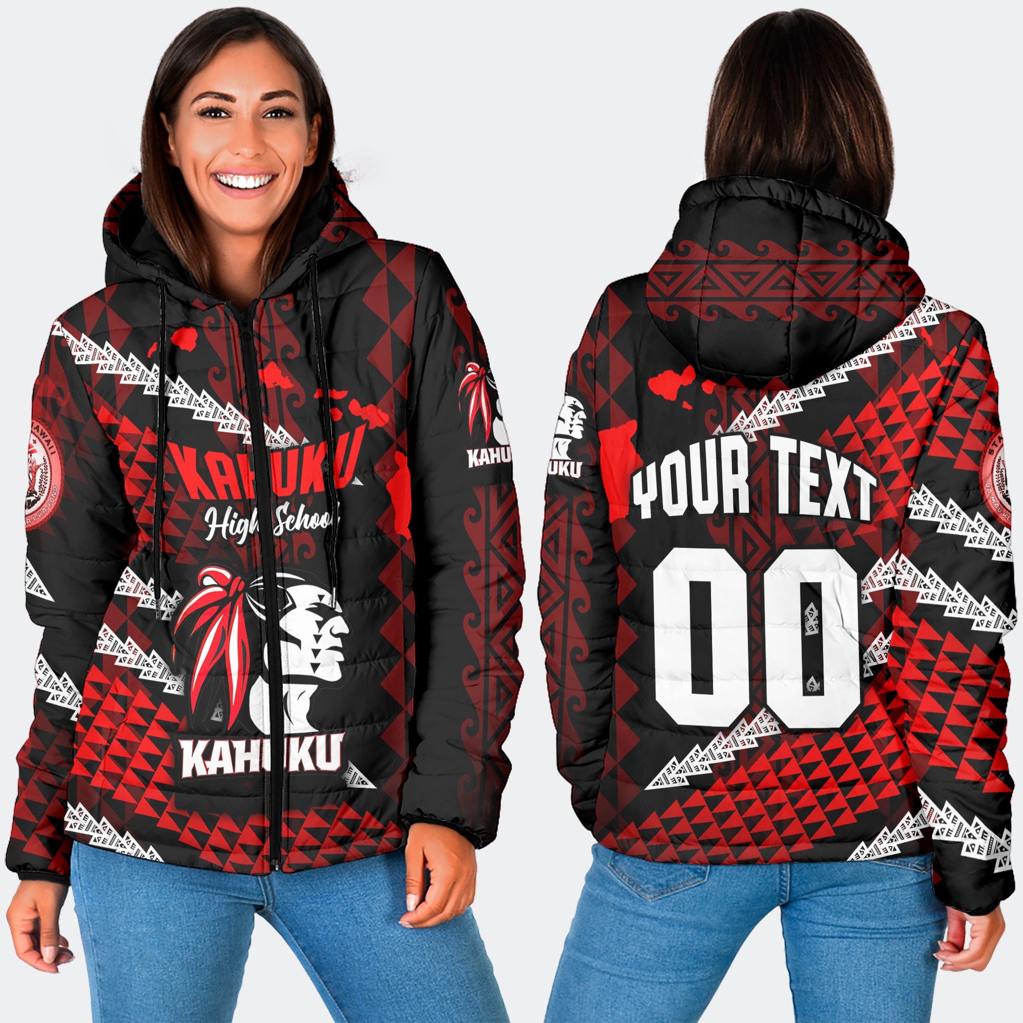 Hawaii Kahuku High & Intermediate School Custom Women Hooded Padded Jacket Map Style