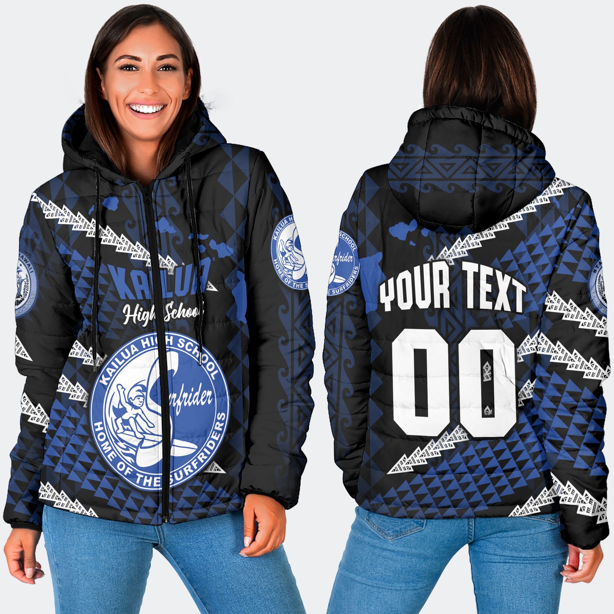 Hawaii Kailua High School Custom Women Hooded Padded Jacket Map Style