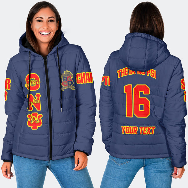 Fraternity Jacket - Personalized Theta Nu Psi Women Hooded Padded Jacket Original Blue Style