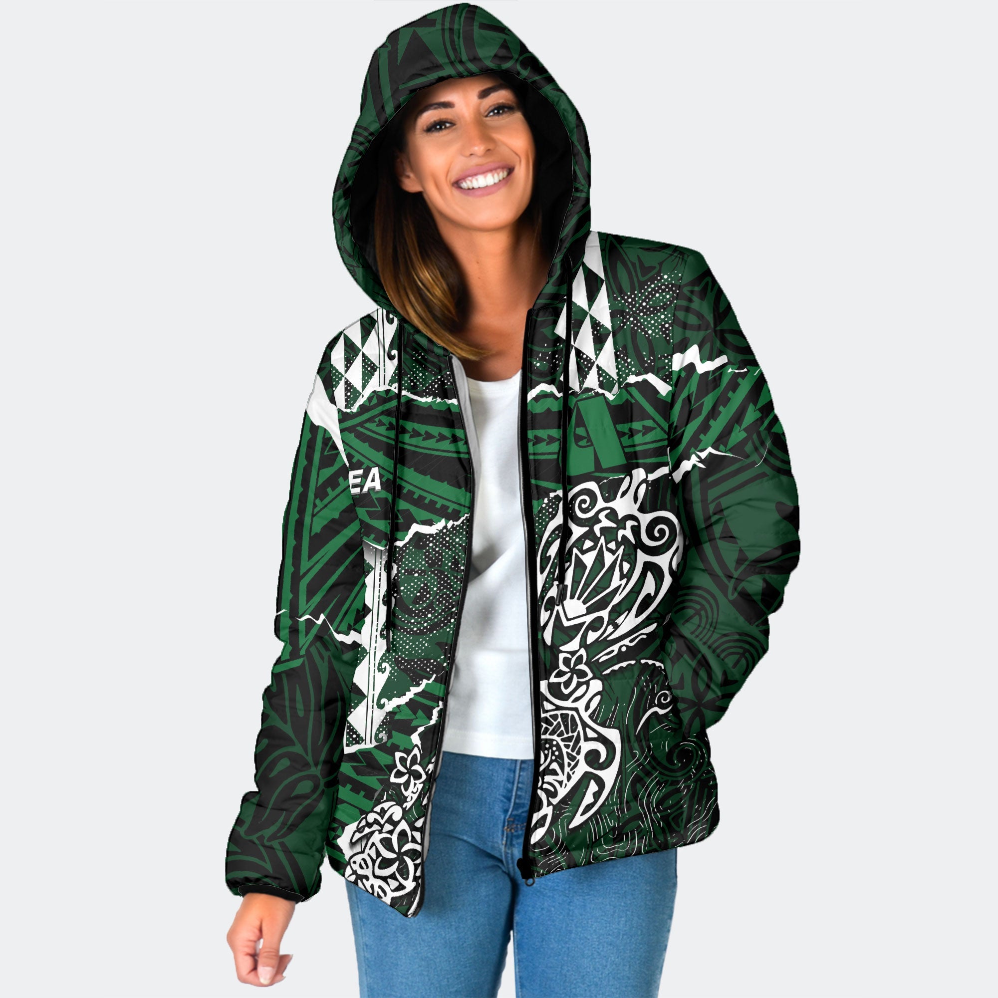 Hawaii Aiea High School Custom Women Hooded Padded Jacket Polynesian Turtle Style