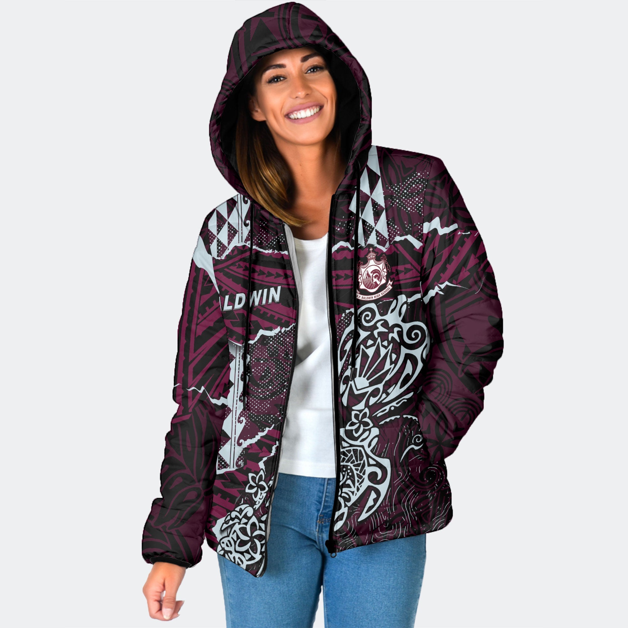 Hawaii Baldwin High School Custom Women Hooded Padded Jacket Polynesian Turtle Style