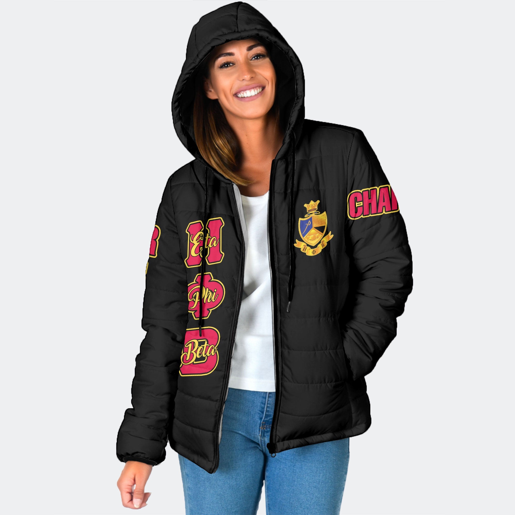 Sorority Jacket - Personalized Eta Phi Beta Women Hooded Padded Jacket Original Black Style