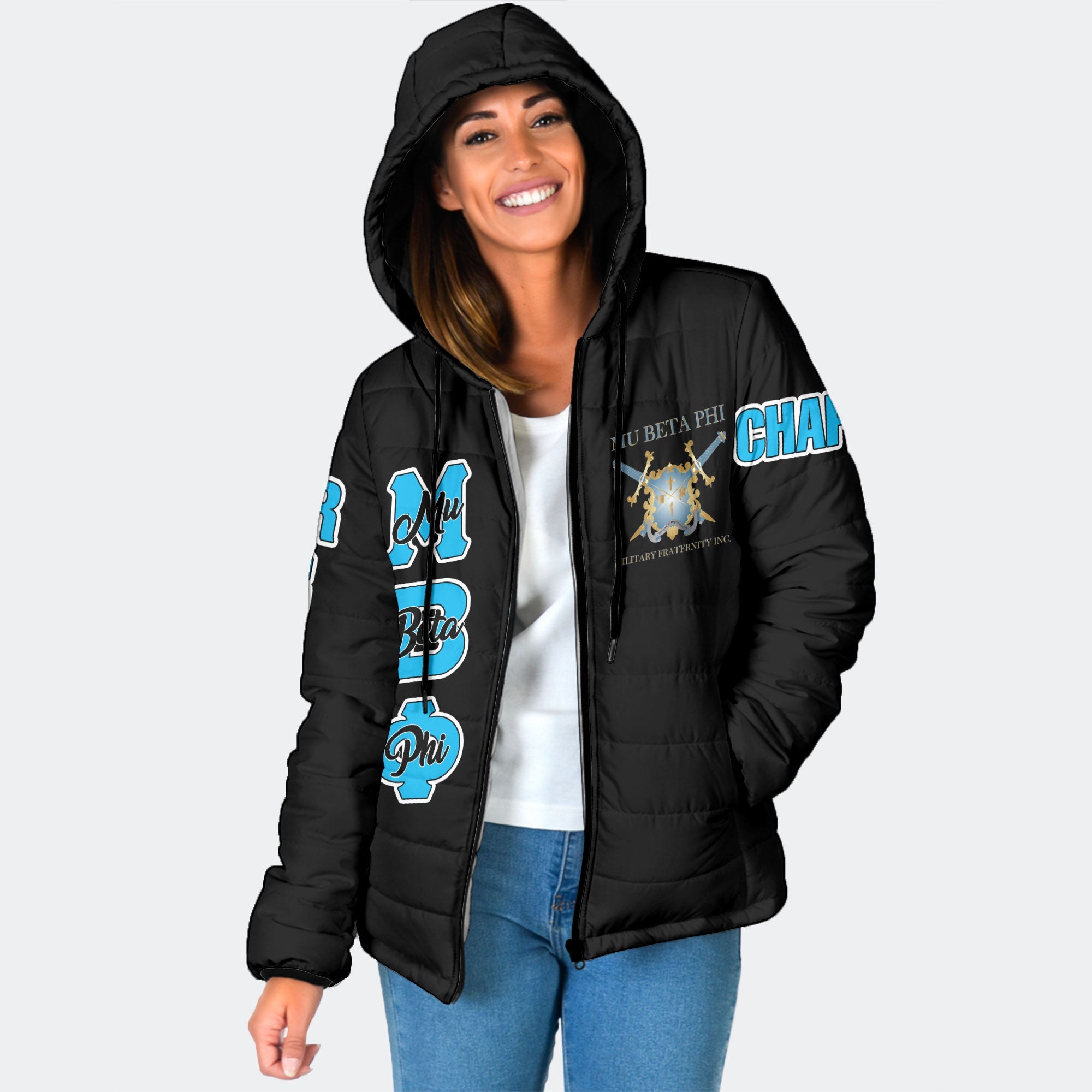 Fraternity Jacket - Personalized Mu Beta Phi Women Hooded Padded Jacket Original Dark Style