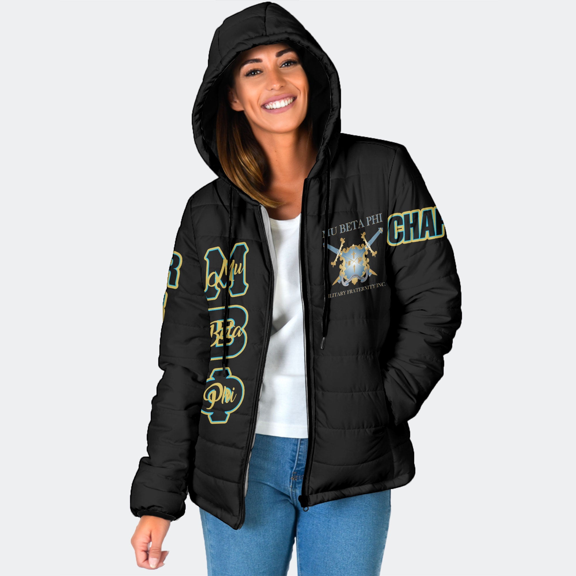 Fraternity Jacket - Personalized Mu Beta Phi Women Hooded Padded Jacket Original Black Style