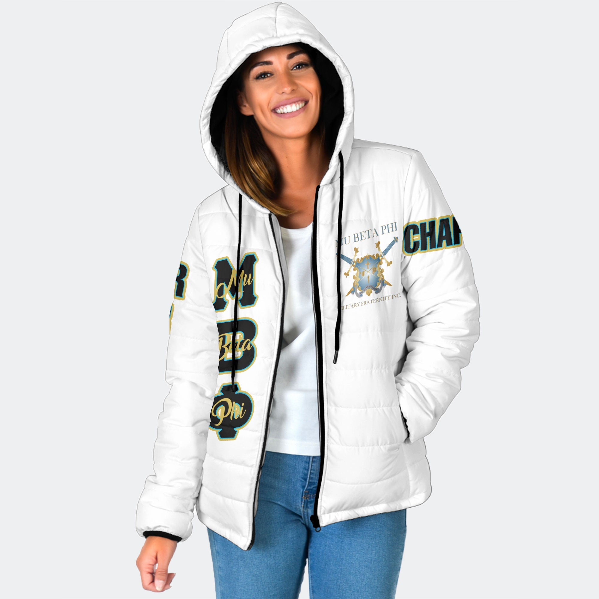 Fraternity Jacket - Personalized Mu Beta Phi Women Hooded Padded Jacket Original White Style