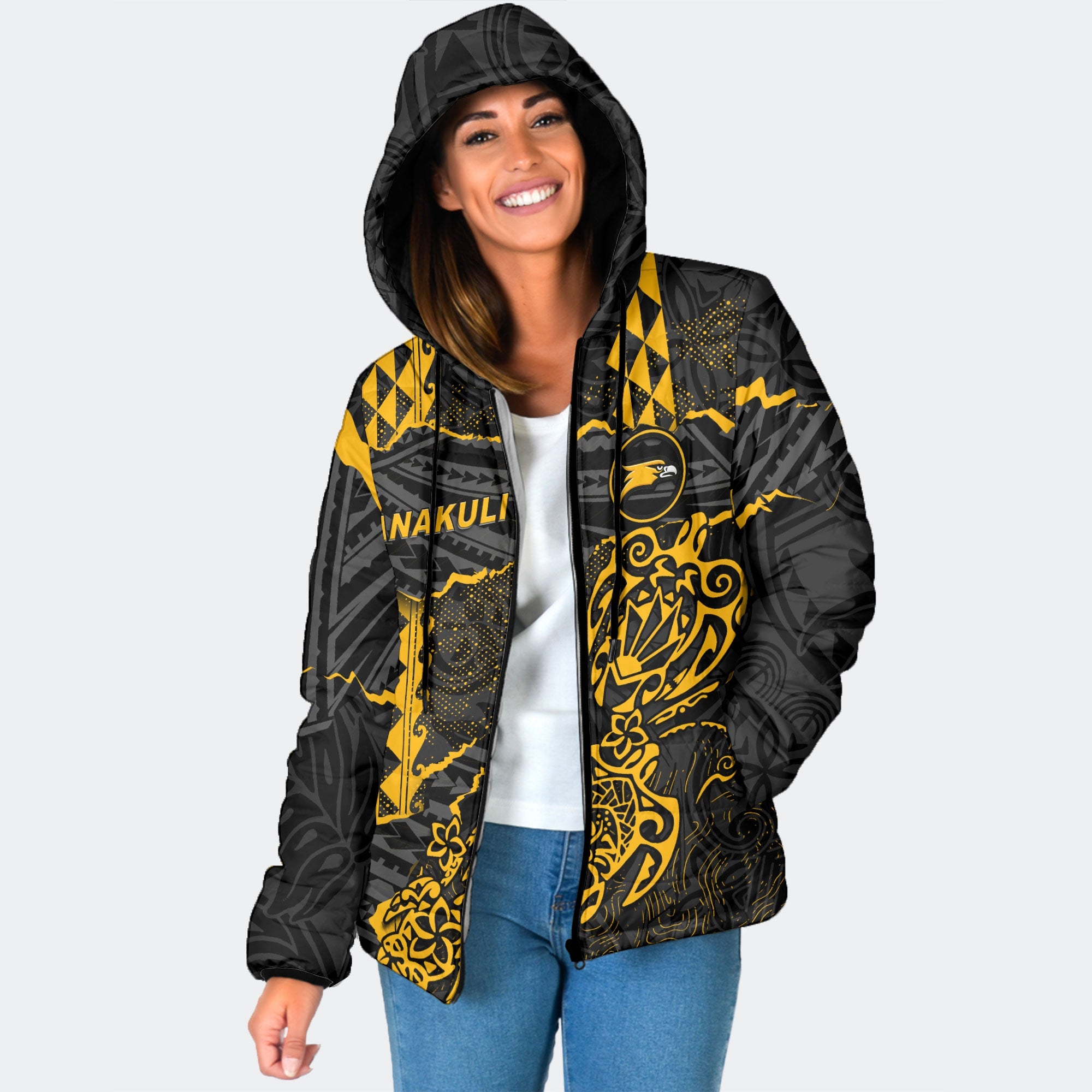 Hawaii Nanakuli High School Custom Women Hooded Padded Jacket Polynesian Turtle Style