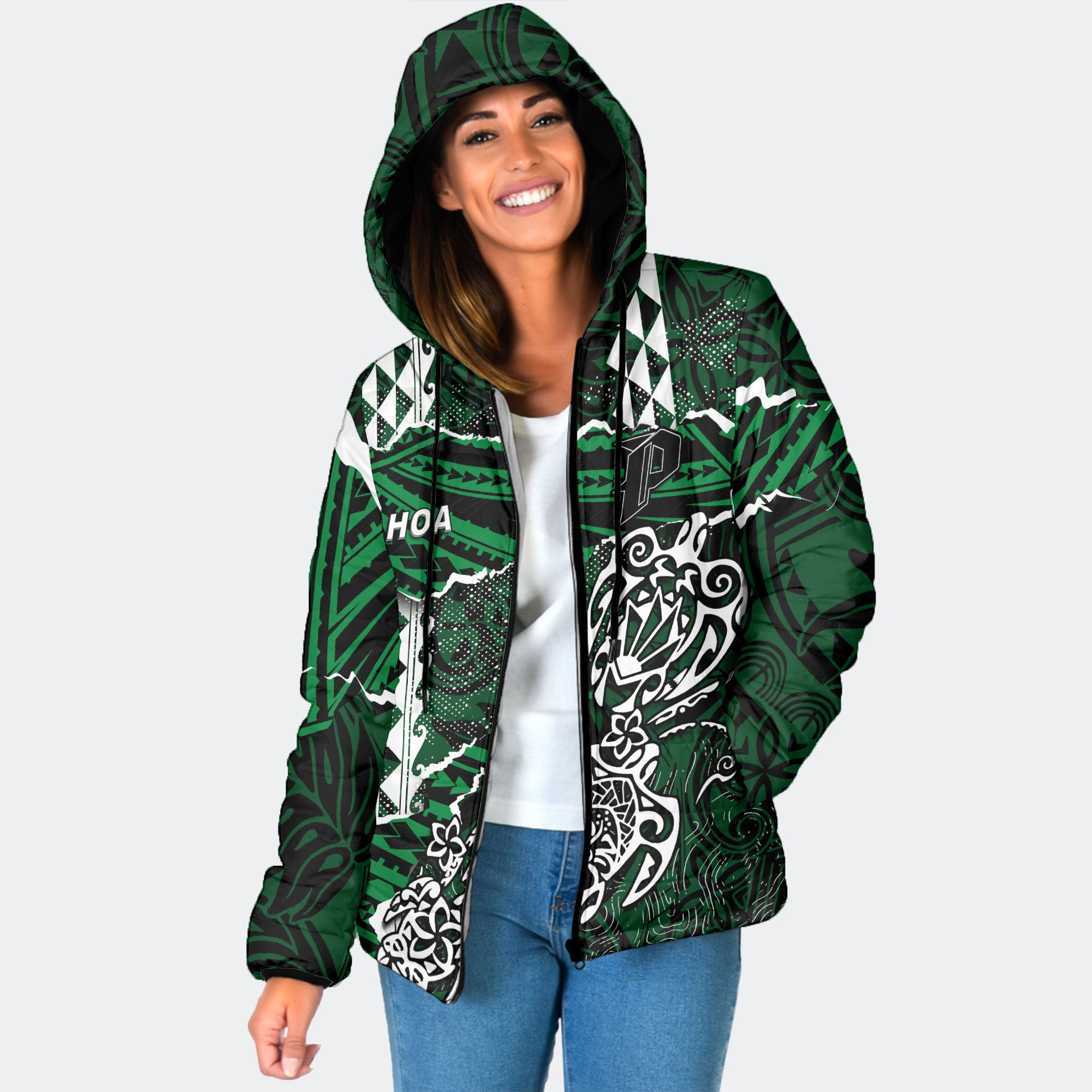 Hawaii Pahoa High & Intermediate School Custom Women Hooded Padded Jacket Polynesian Turtle Style