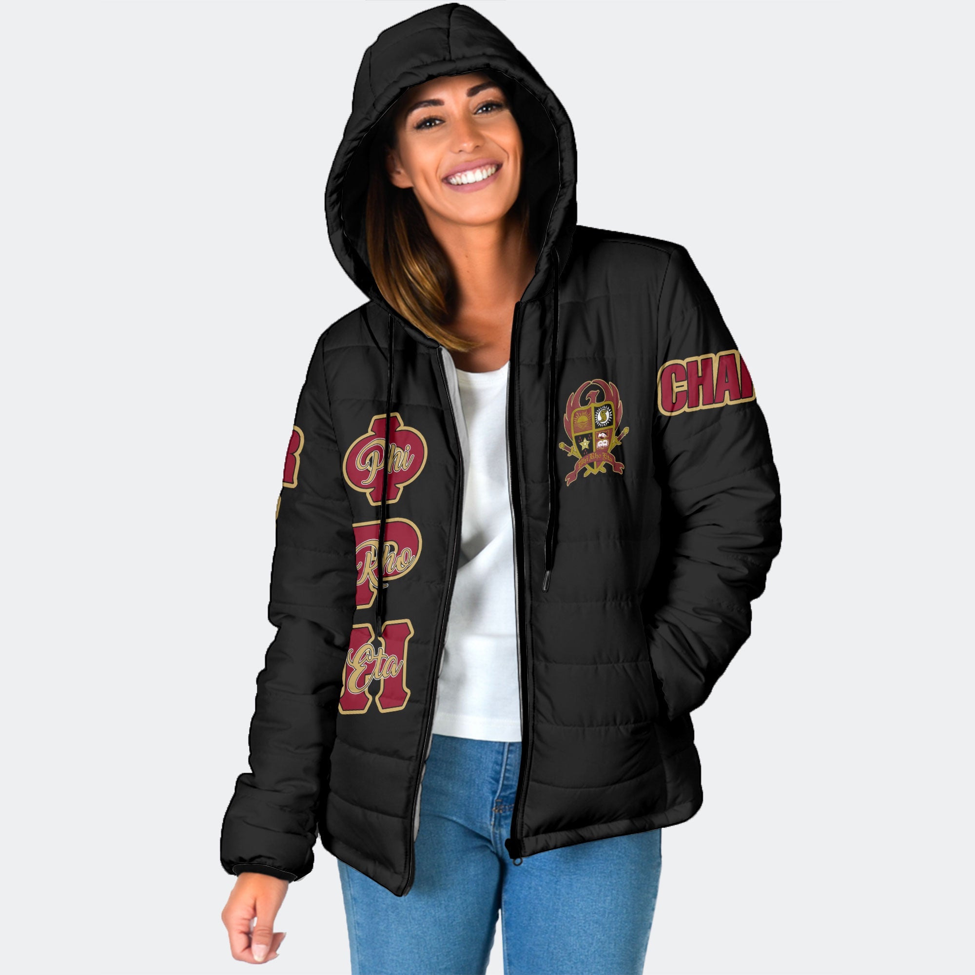 Fraternity Jacket - Personalized Phi Rho Eta Women Hooded Padded Jacket Original Dark Style