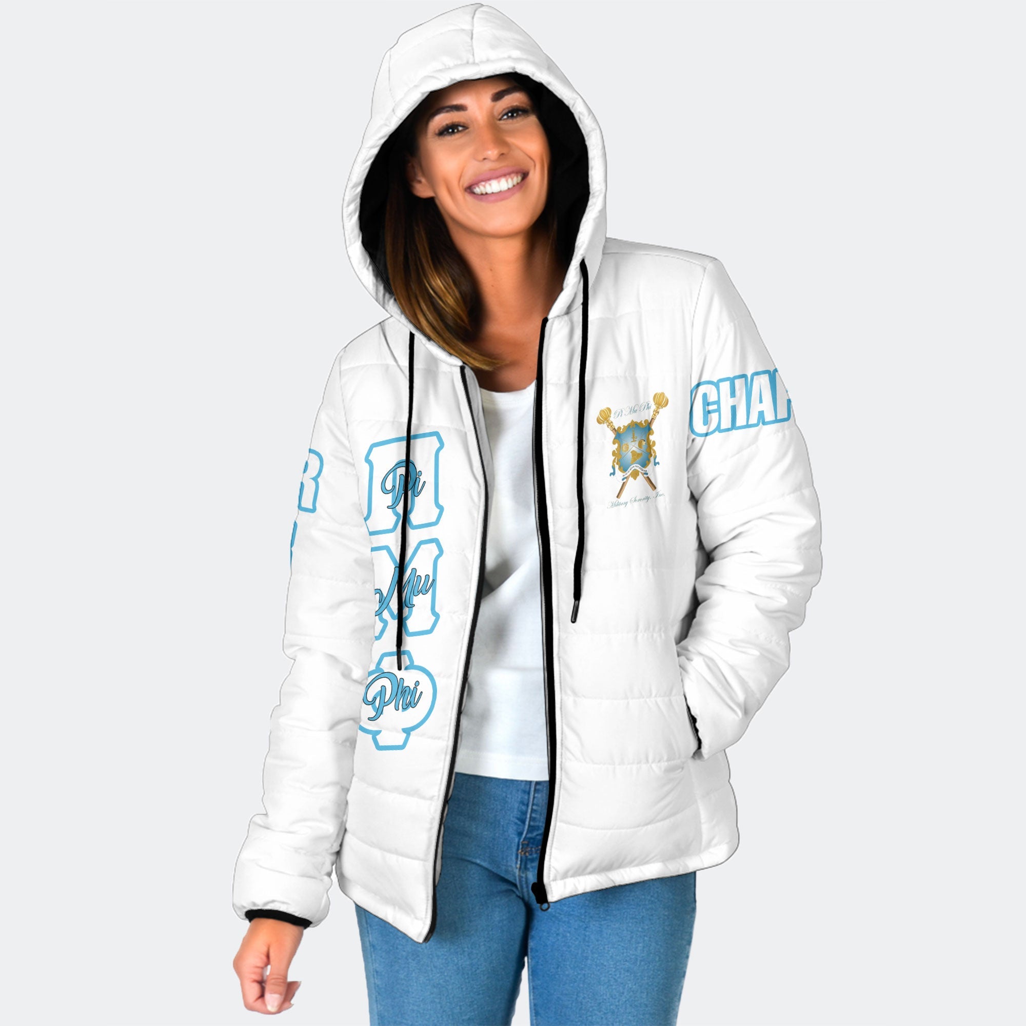 Sorority Jacket - Personalized Pi Mu Phi Women Hooded Padded Jacket Original White Style