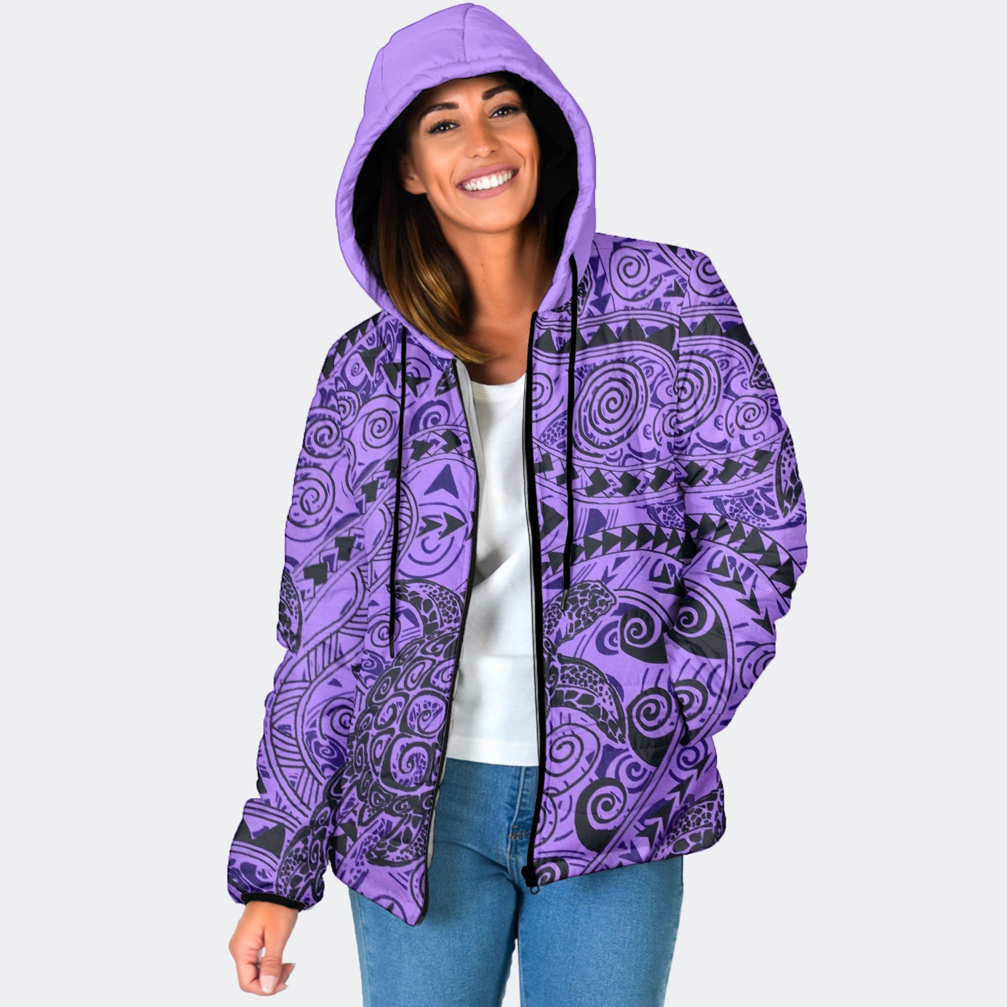 Hawaii Polynesian Turtle Women Hooded Padded Jacket Purple Style