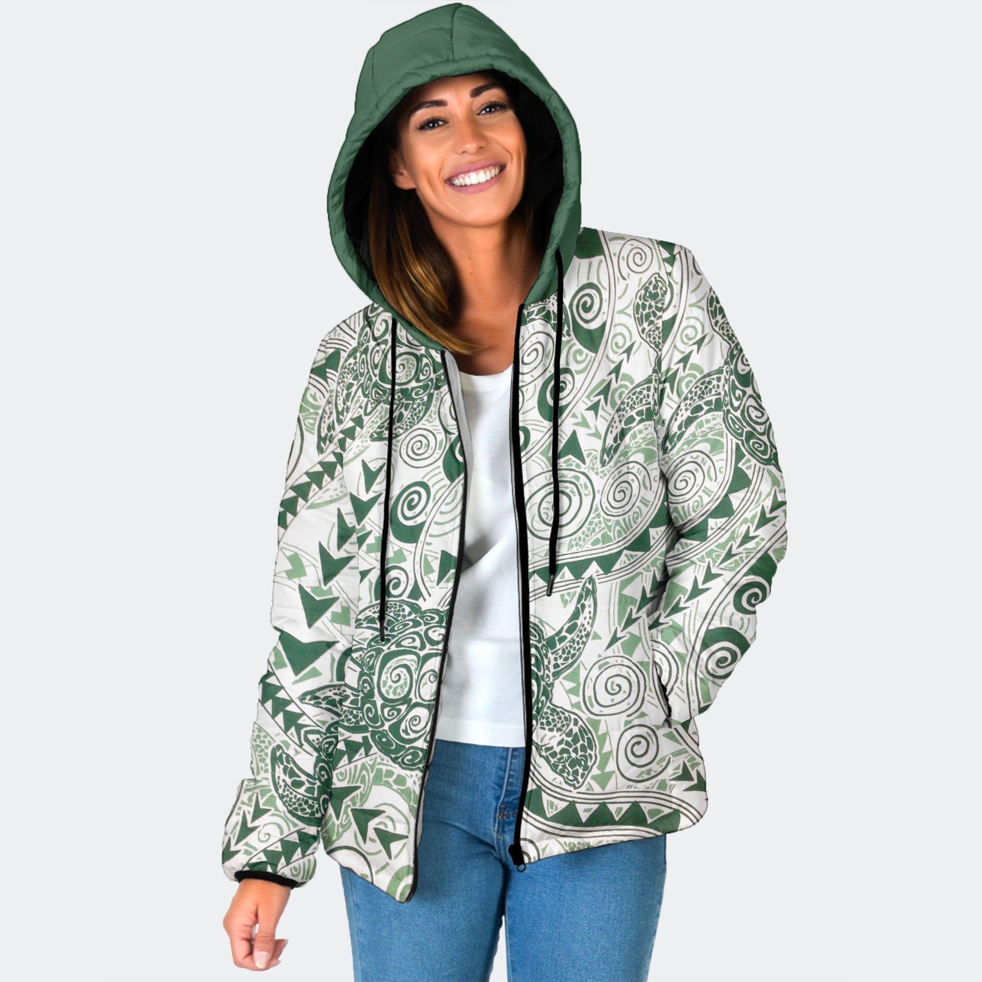 Hawaii Polynesian Turtle Women Hooded Padded Jacket Green Style