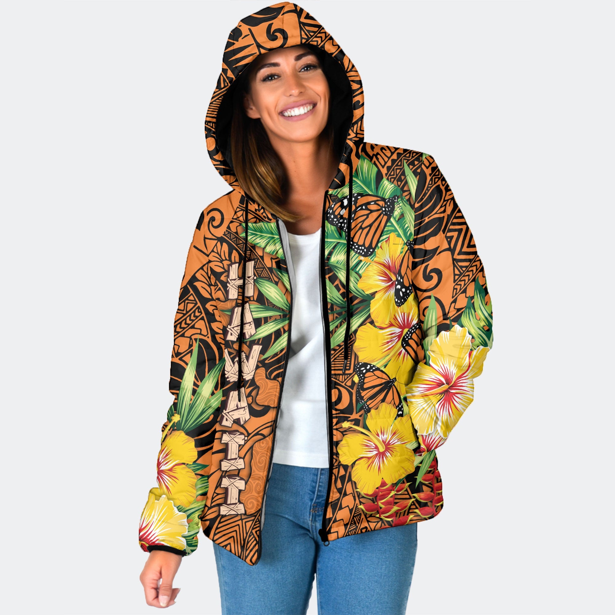 Hawaii Women Hooded Padded Jacket Kamehameha Butterfly Tropical Style